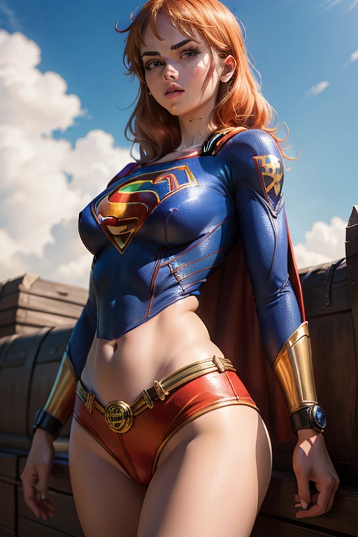 ((master part)) ((best quality)) ((Ultra Detalhado)) ((com da roupa da supergirl)) do Superman)), ((saia curta vermelha)), ((Seios enormes)) ((cabelo longo laranja)) ((cabelo longo sedoso)) ((tatuagem do ombro direito)) ((nariz comprido)) ((a nami piece)) ((Nos)) ((DAMP BODY)) ((Mamalhuda)) ((olhos atraentes)) ((sharp eyes)) ((corpo magro)) ((High-resolution shadows)) ((cores atrativas)) ((blue skies)) ((Trunk pose in hand)) ((pulseiras de ouro)) , Apertado , saia azul, capa vermelha, super man s symbol, sombras claras