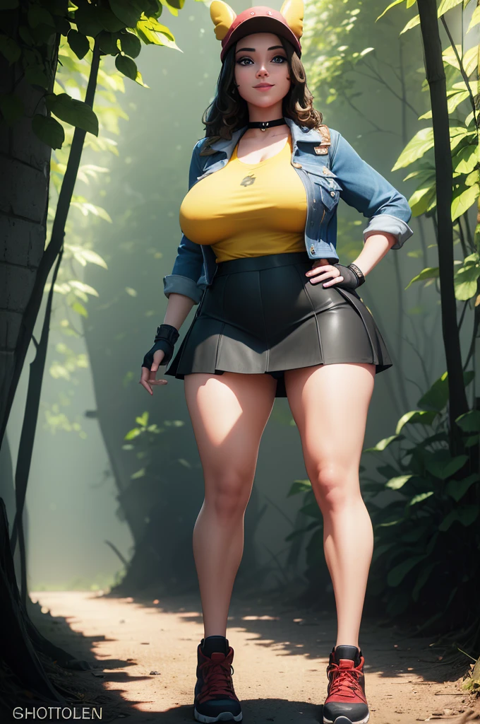 (8k, best quality, masterpiece:1.2), (realistic, photo-realistic:1.37), ultra-detailed, 1 girl,cute, solo, ,beautiful detailed blue eyes, medium wavy hair, standing in a jungle, , smiling, looking at viewer, ,light brown hair, black lips, black lipstick, full body view, , whole body shot, red hat, , , nsfw, choker, yellow shirt,  black thigh high boots, black skirt, big breasts, legwear, view on boots
