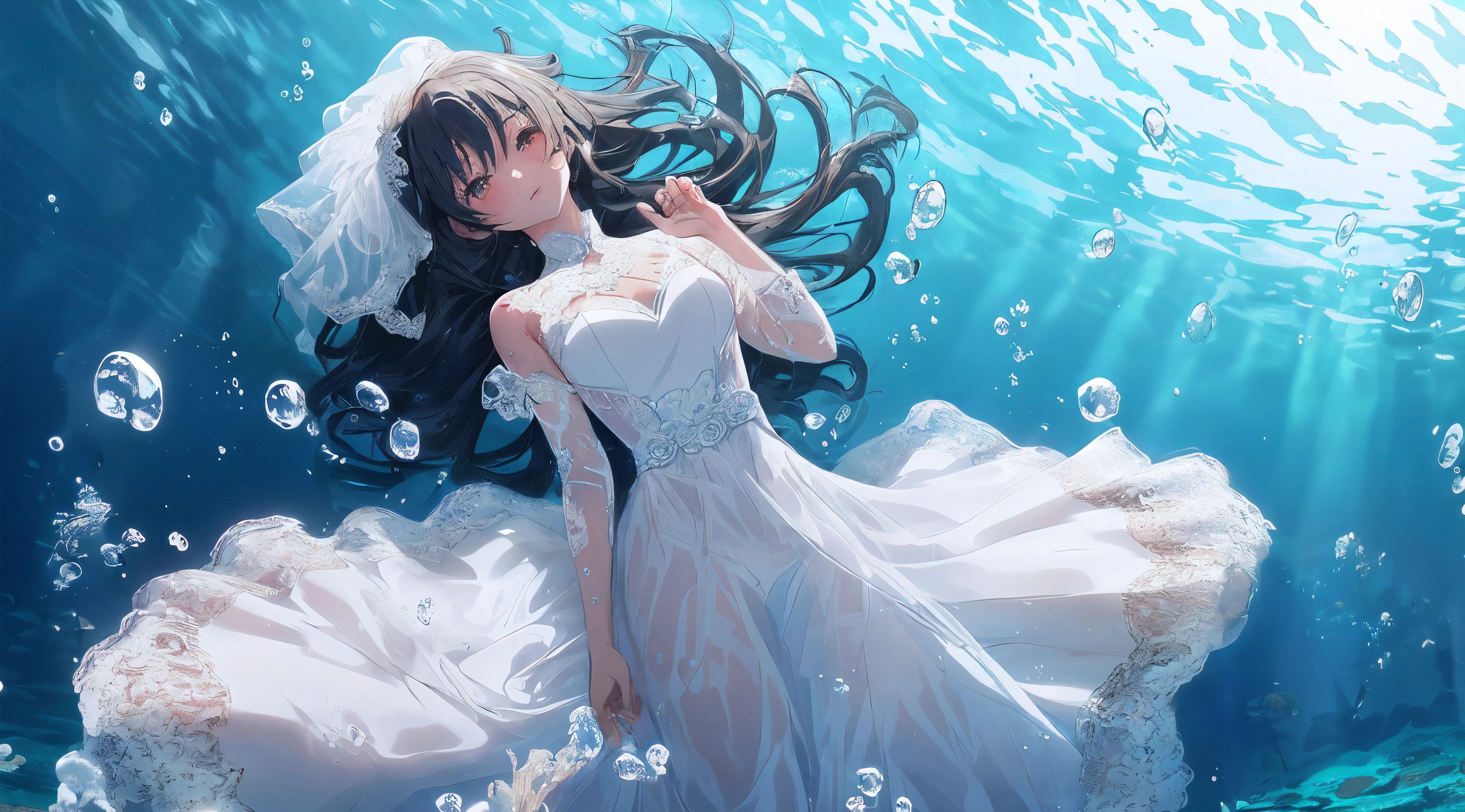 ((underwater photography, under water, underwater photo, In water, deep water,)), 8K resolution, Anime art wallpaper 4k, hd anime wallpaper,