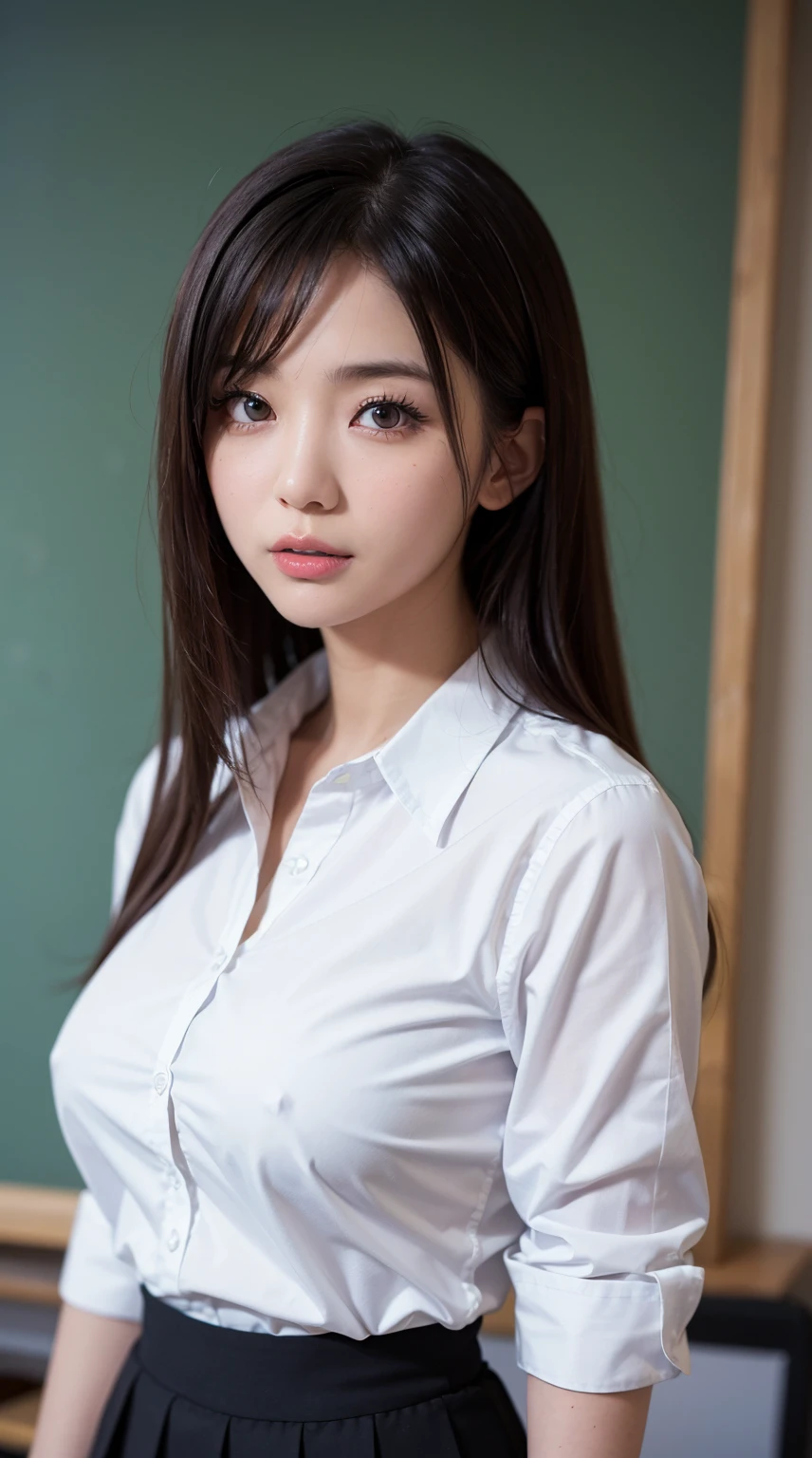 (8K, High Definition, Highest Quality: 1.2), (Very detailed face, Very detailed eyes, Very detailed skin), Japan female, 30 years old, School teacher, A dark-haired, Colossal tits, big breasts thin waist, thick thight, (white shirt, Black tight skirt), Classroom, chalk board