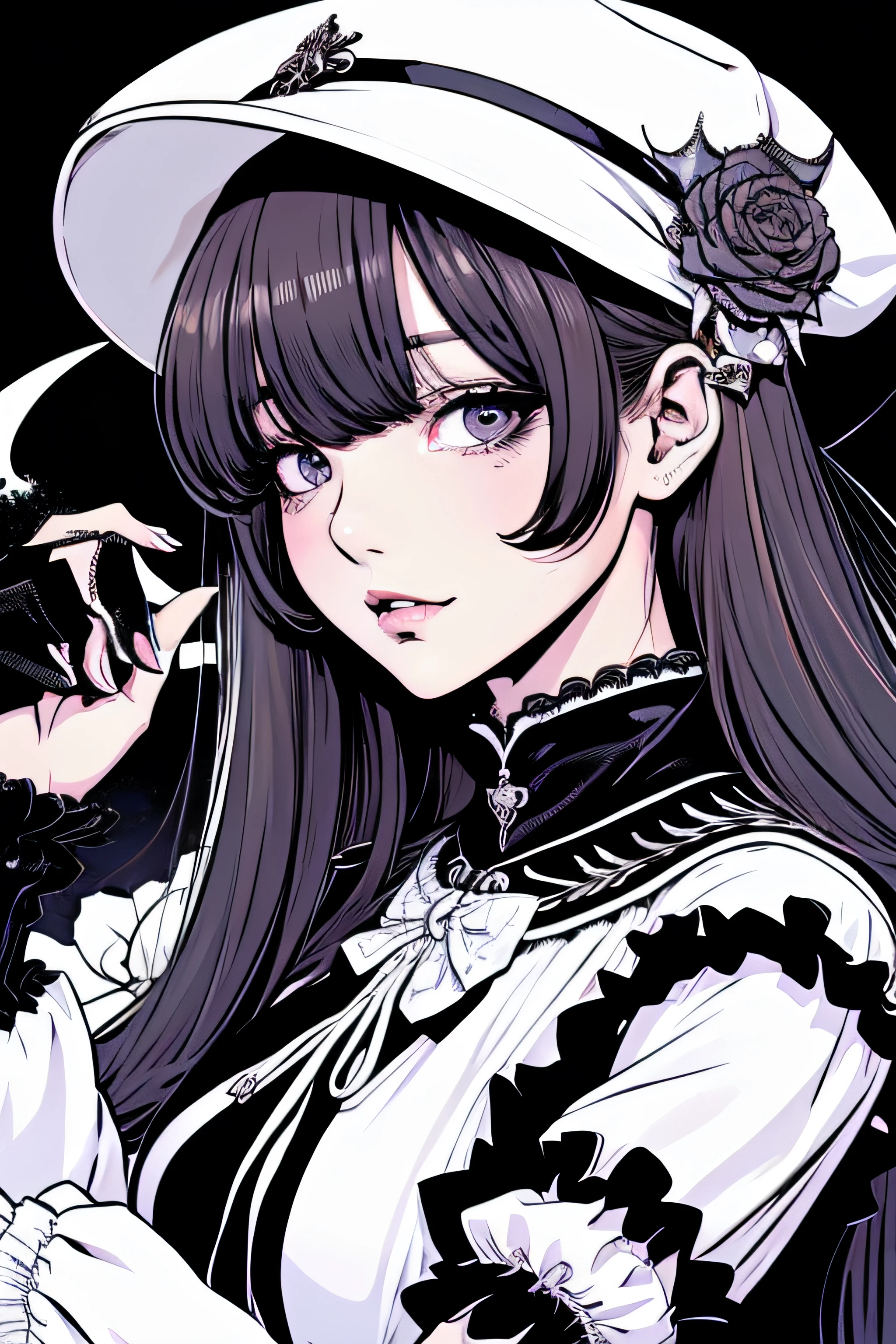 Beautiful Hardcore Illustration homepage illustration style, dark, high resolution, hard touch illustration, strong outline, two girls, gothic & lolita style, gothic & lolita fashion, 8k, American comic style, colorful background, Hiroyuki Nagasaka, aggressive, beautiful face, cool beauty, dress, beauty style, white color, battle, Hard illustration, white hear, hat,