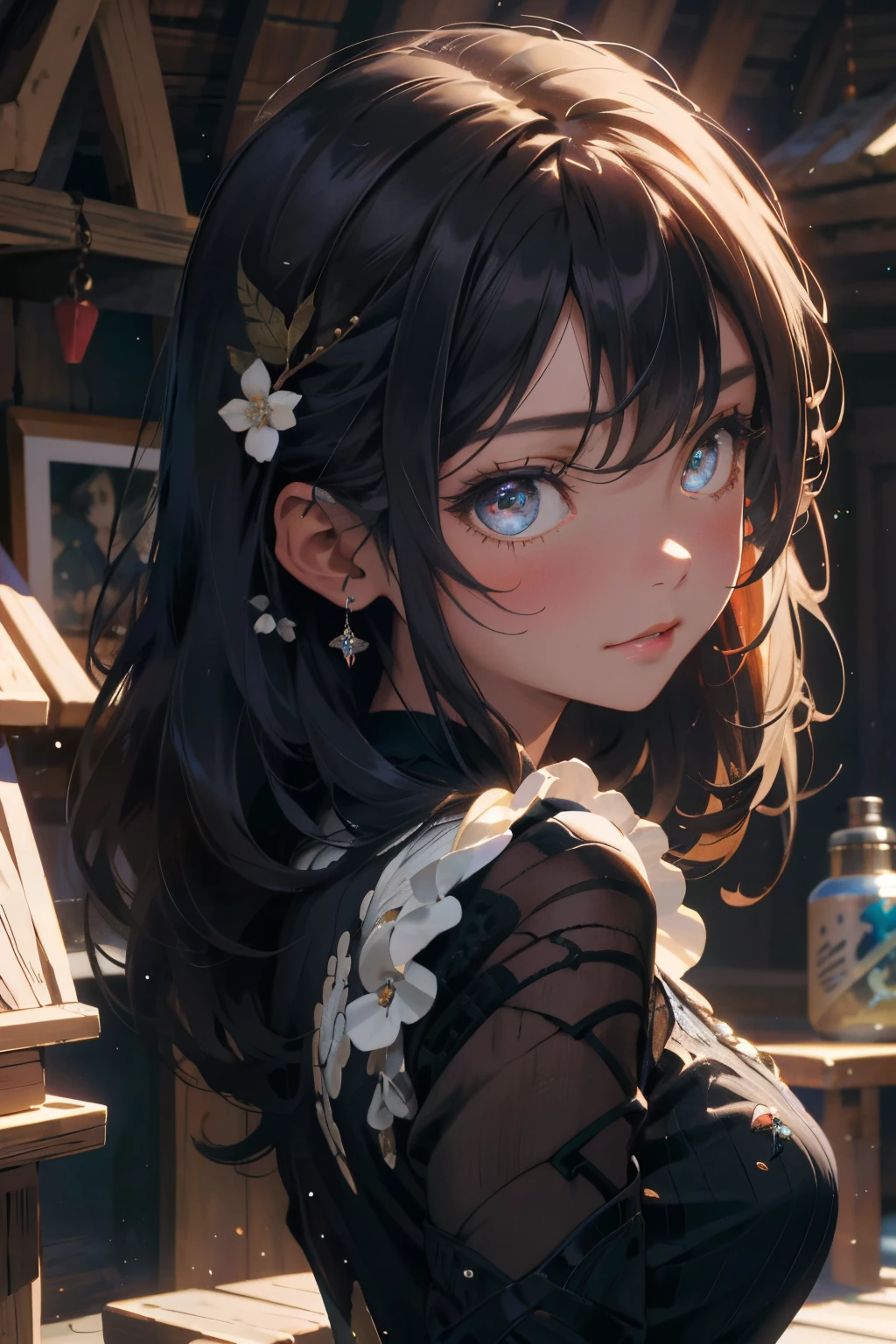 make realistic,(nmasterpiece,top Quority,best qualtiy,offcial art),ighly detailed,Colorful,best detailed,fairy chalet,Broad background,Kamimei,length hair,cabelos preto e longos,Beautiful woman