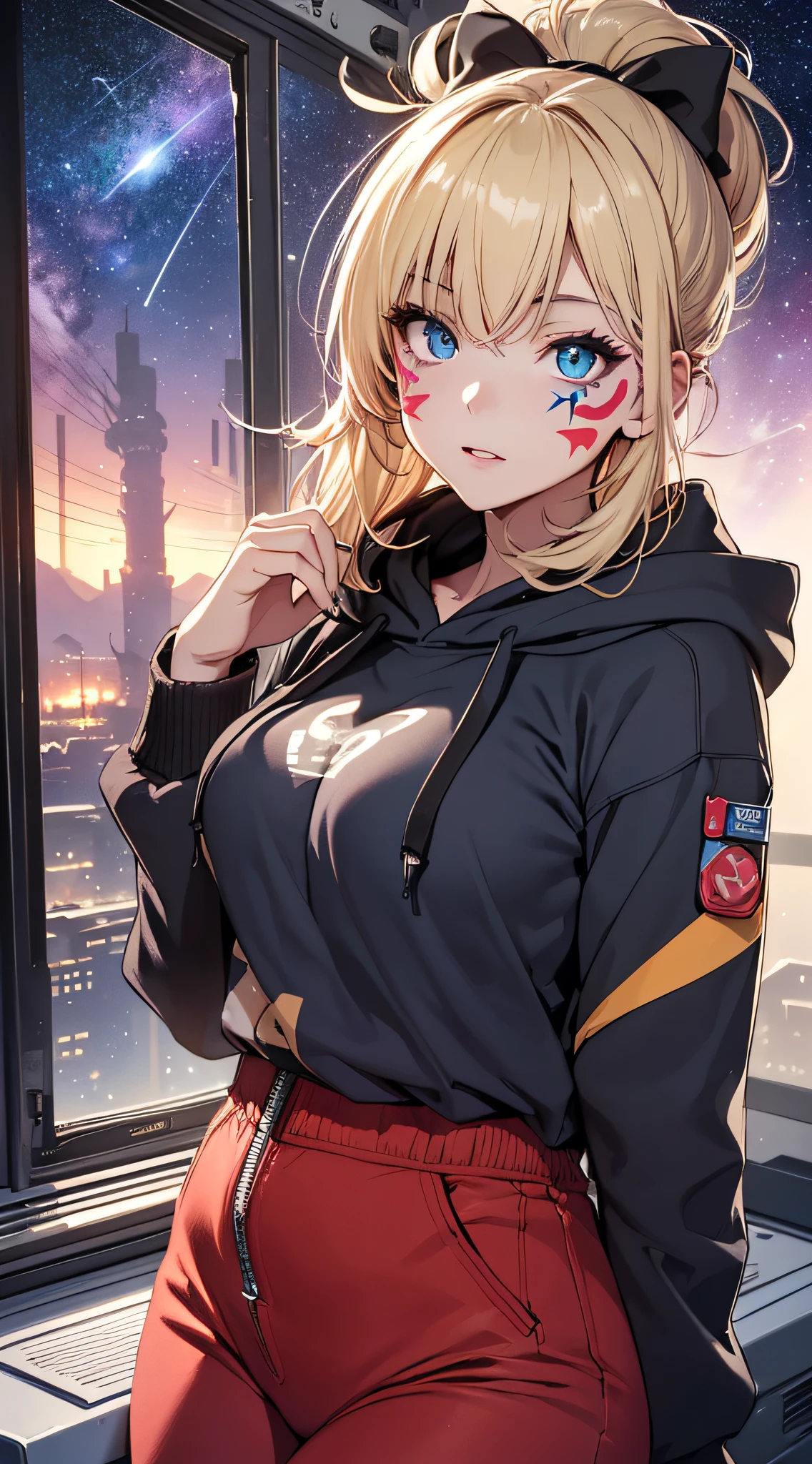 top-quality、Top image quality、masterpiece、girl with((18year old、Best Bust、big bast,Beautiful blue eyes、Breasts wide open, Blonde ponytail、A slender,Large valleys、Black hoodie、red and blue pants、 red heart face paint、sexypose、Seduction poses)),hiquality、Beautiful Art、Background with((Beautiful night sky、shooting stars、comets、stele々、Inside the space station)))、,masutepiece、visualart、depth of fields、