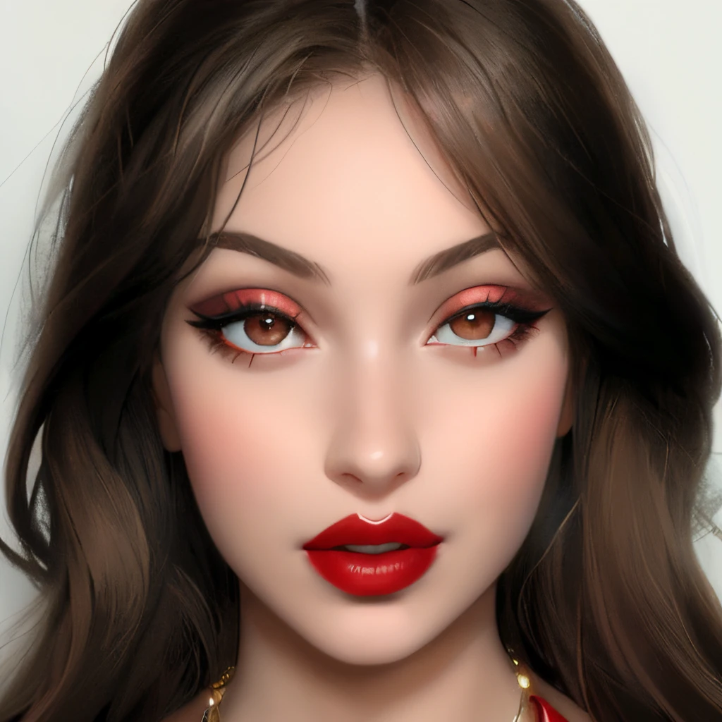 a close up of a woman with a red lipstick and a necklace, inspired by Ksenia Milicevic, red lipstick on face, wide golden eyes and red lips, sexy face with full makeup, lips wide parted, thick red lips, big eyes and lips, perfect face ), light-red lips, inspired by Olga Rozanova, portrait sophie mudd