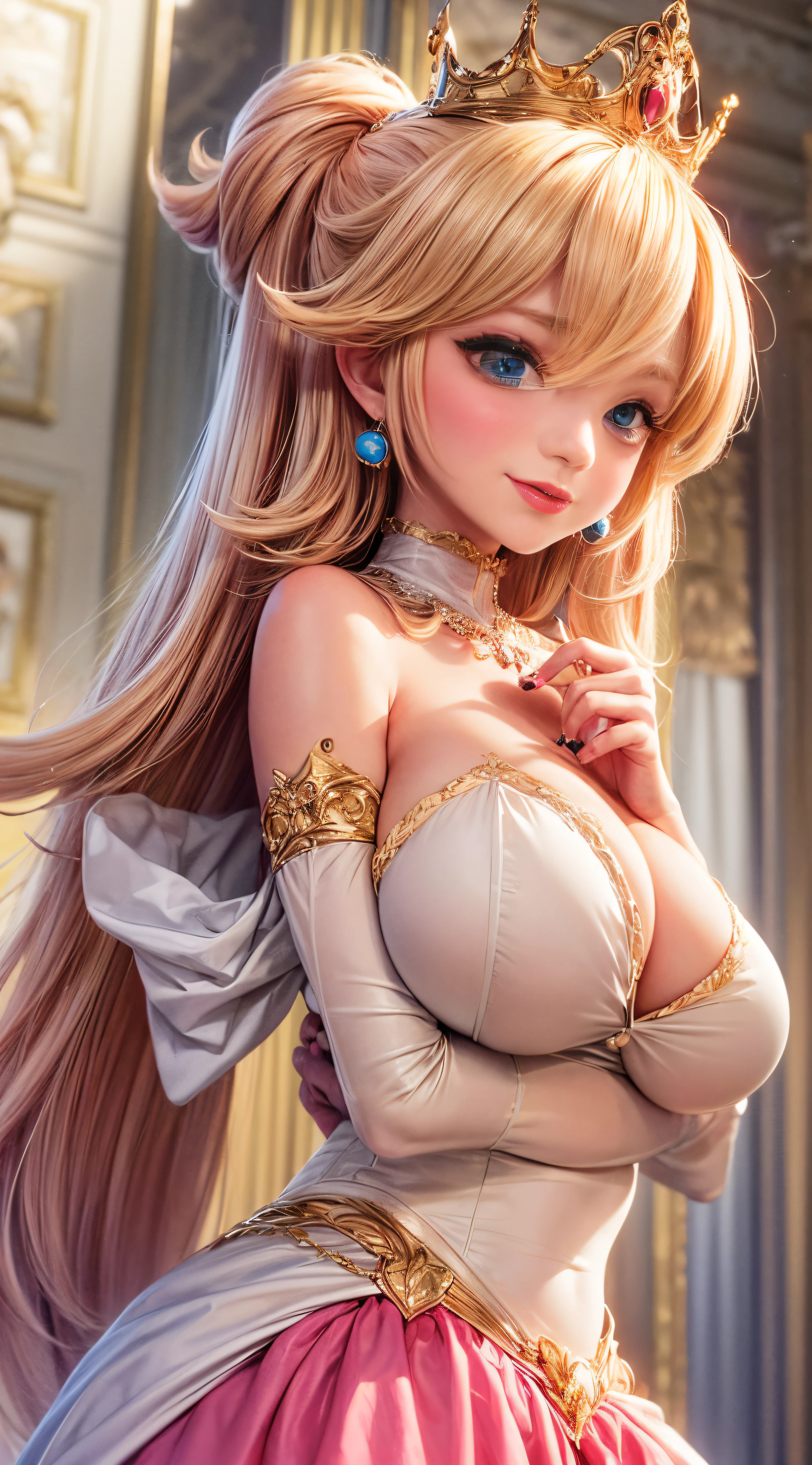 Japanese cutest bad girl,(Inside a castle setting,) A petite Princess Peach wearing a beautiful hot pink dress, she is gentle and compassionate and is shown smiling gently, she wears a golden crown atop her blond hair and white gloves. She is a tall, extremely beautiful young princess with a fair skin complexion, light blue eyes, dark yellow eyebrows, and a small nose. She has six long eyelashes on each eye as well as dark eyeliner. Her lips are round with pink lipstick. With a focus on her alluring chest, she is depicted in a close-up shot from below. She is smiling in a full body shot, ((very big breasts:1.4)), buxom chested, large breasts size, cleavage, (add_detail:1)