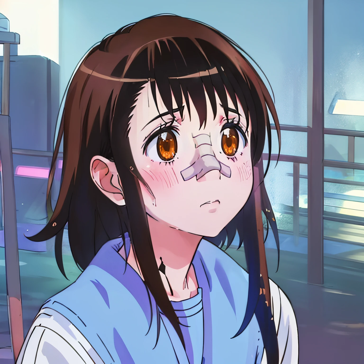 1 girl, onodera kosaki, wearing blue and white school uniform, solo, brown hair, brown eyes, injury, bandaid on nose, blood on face, looking up, you look lonely i can fix that meme, blade runner 2049 referenc