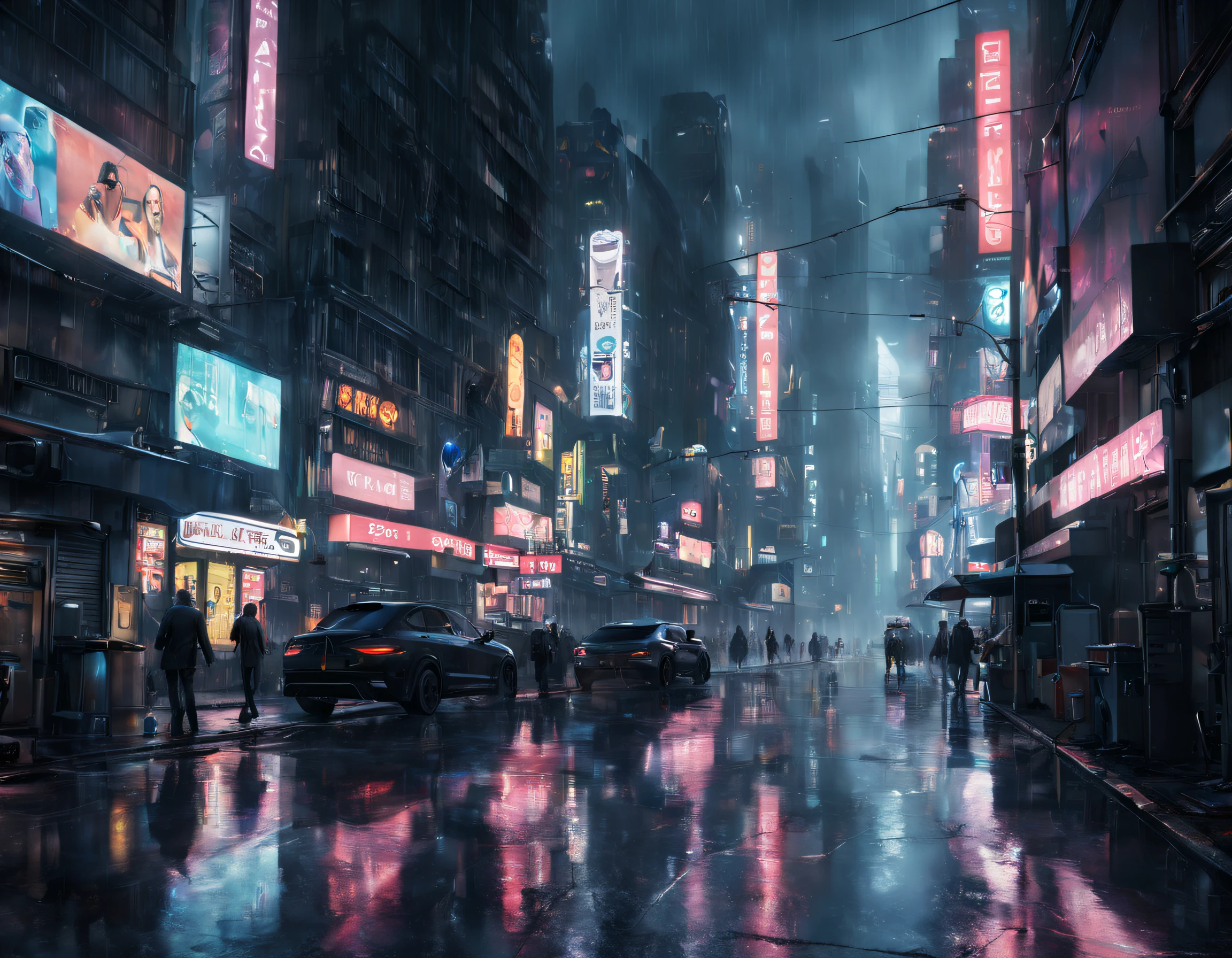 Futuristic (location), rain-soaked streets, (personaje), advanced bionic limbs, interactive holograms, massive billboards, diverse crowd, autonomous vehicles, moody atmosphere, (action), 85mm lens, f/2.8, iso/400, Cyberpunk color grading, realistic cyberpunk setting, immersive scene --v 5,, (intrincados detalles de la maquina).imagen fotorrealista,nitidez maxima, calidad 8k.(obra maestra de calidad superior).