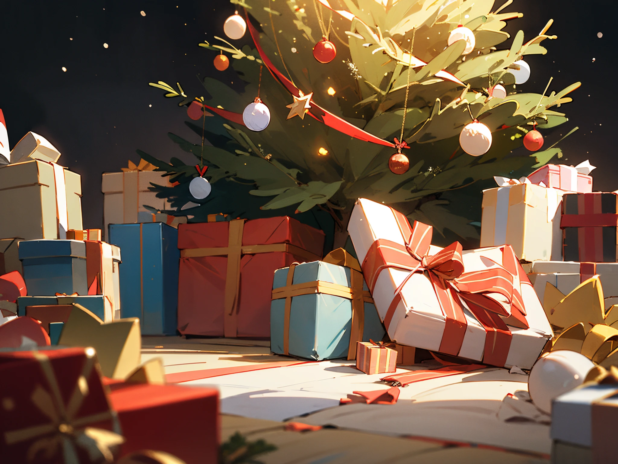 Christmas background/illuminations「Merry Christmas」There are decorations, a pile of presents on the floor, and a Christmas tree.