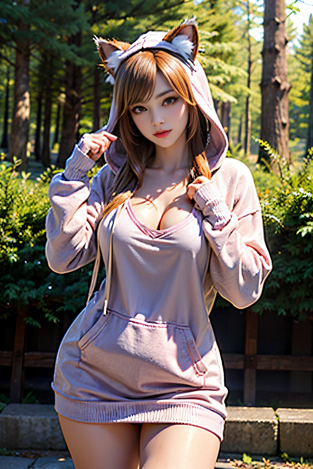 a woman, (wearing oversized_hoodie, cat_ears_hood:1.3),
good hand,4k, high-res, masterpiece, best quality, head:1.3,((Hasselblad photography)), finely detailed skin, sharp focus, (cinematic lighting), soft lighting, dynamic angle, [:(detailed face:1.2):0.2], medium breasts,(((inside a forest))),