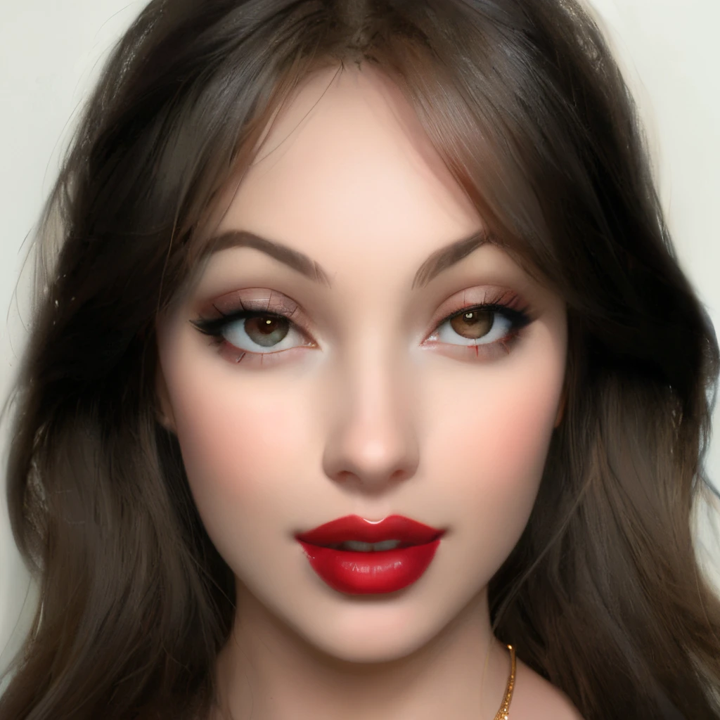 a close up of a woman with a red lipstick and a necklace, inspired by Ksenia Milicevic, red lipstick on face, wide golden eyes and red lips, sexy face with full makeup, lips wide parted, thick red lips, big eyes and lips, perfect face ), light-red lips, inspired by Olga Rozanova, portrait sophie mudd