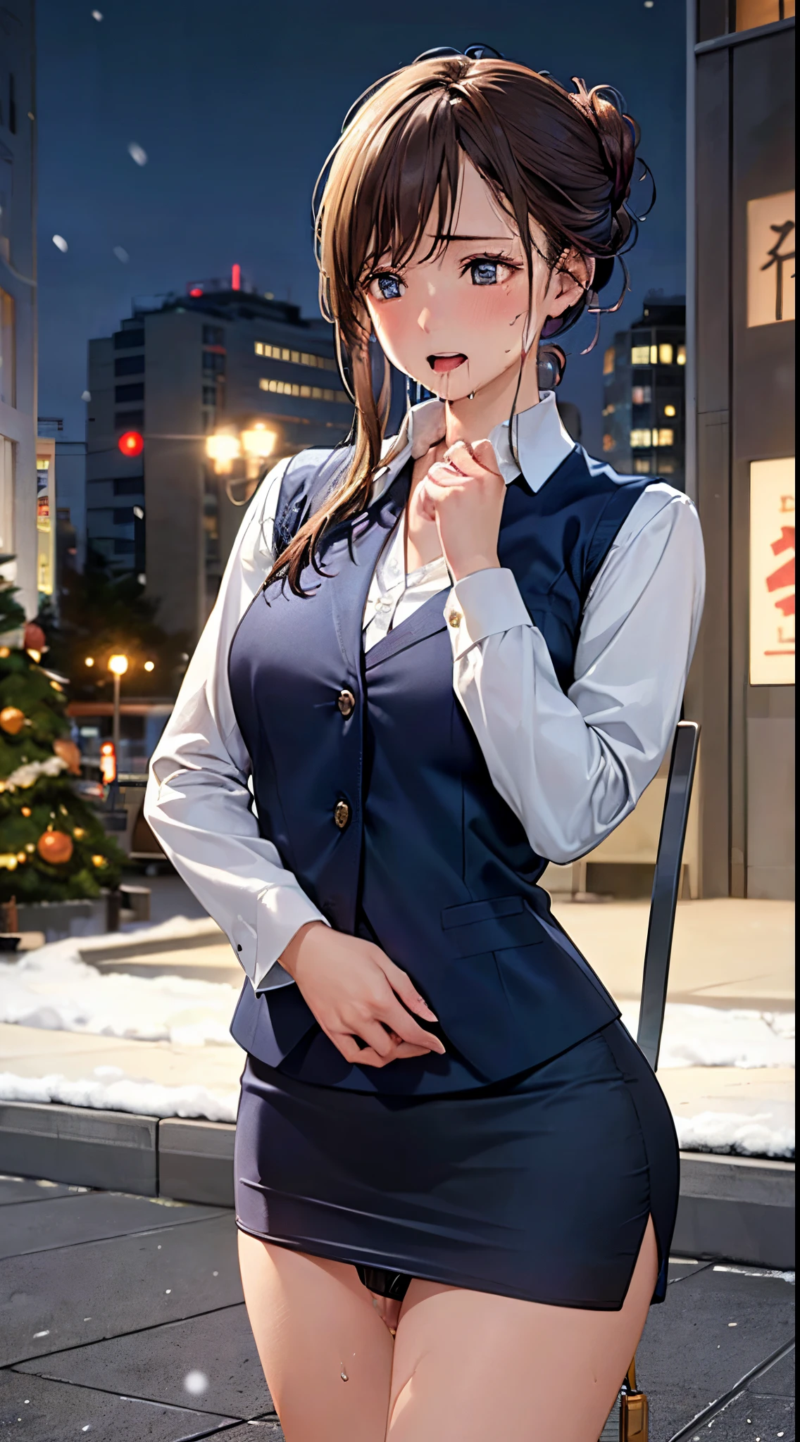 ((((perfect anatomy, super detailed skin)))), 1 girl, japanese, , shiny skin, large breasts:0.6, looking away, watching the view,,
beautiful hair, beautiful face, beautiful detailed eyes, (long hair:1.7, half updo:1.5),
beautiful clavicle, beautiful body, beautiful chest, beautiful thigh, beautiful legs, babyface, monder eye,
((long sleeves white shirt with collar and buttons, (beautiful dark blue suit vest:1.4, dark blue micro mini pencil skirt:1.4)), middle boots), wet crotch, seductive thighs, camel toe, ((animal collar)),
((leaking pee:1.9, leaking poop:1.3)),
((ahegao, ashamed, drooling, open your mouth wide)), (((walking, sex toys in panties), female masturbation, abused, object insertion, vibrator)),
(beautiful scenery), winter, midnight, hokkaido, sapporo, odori park, crowd, christmas, christmas tree, illumination, tv tower, snow, snowfall:1.7, freezing weather, frost,
(8k, top-quality, masterpiece:1.2, extremely detailed), (realistic, photorealistic:1.3), beautiful illustration, cinematic lighting,