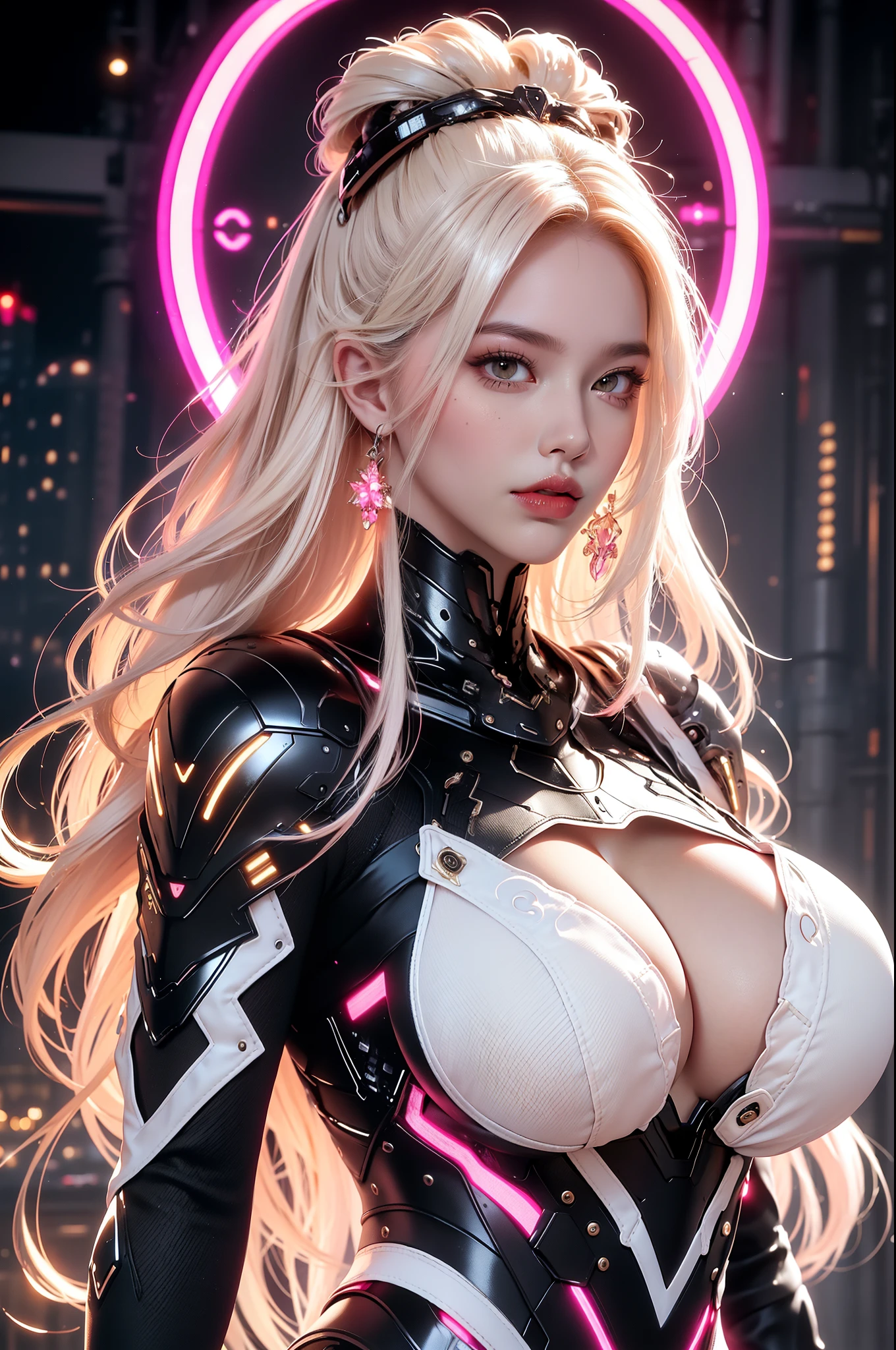 (masterpiece), best quality, expressive eyes, perfect face, beautiful details face, beautiful round eyes, full body, A beautiful mature woman in cyber armour suit shows her Extremely busty and attractive breasts, (arrogant face), (platinum pink hair), (high ponytail, expressive hair, shiny hair, glowing hair, multicolored hair, gradient hair, colored inner hair, straight hair, medium long hair), fair skin, (beautiful detailed full bodysuit:1.3), (full body cyber armour), glowing and shining armour, silver and pink cyber armour, (Edge lights:1.3), (silver and pink colour scheme:1.3), neon light on armor, beautiful details eyes, (pink eyes:1.3), (glowing eyes:1.2), (Gigantic saggy breasts:1.5), tight breasts, thick body, (well accentuated curves), pink lips, (silver nails), mascara, Long eyelashes, eyeliners, (Extremely wide well defined hips:1.3), (beautiful massive thick thighs:1.3), slender figure, (Extremely detailed skin texture:1.2), beautiful detailed realistic muscle definition, golden lights that shimmer, high detailed eyes, ultra-high quality model, proportionate, intense colouration fantasy, (background fantasy floating cyber city), pink and gold tetradic colours, random poses, earrings, (1girl), solo, shine