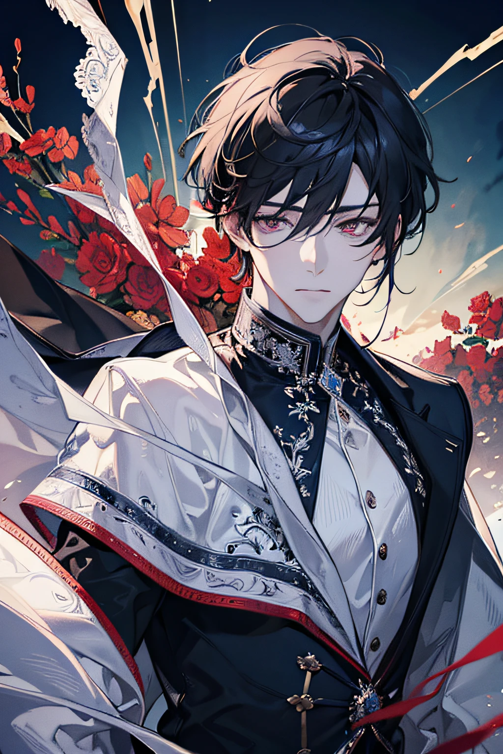 masterpiece, best quality, ultra-detailed, extremely detailed, 4K, 8K, best quality, beautiful, illustration, dynamic angle, full body, upper body, colorful, gradation, a handsome man, man, solo, beautiful black hair, beautiful red eyes, beautiful eyes, white-skinned, cool, ice effect