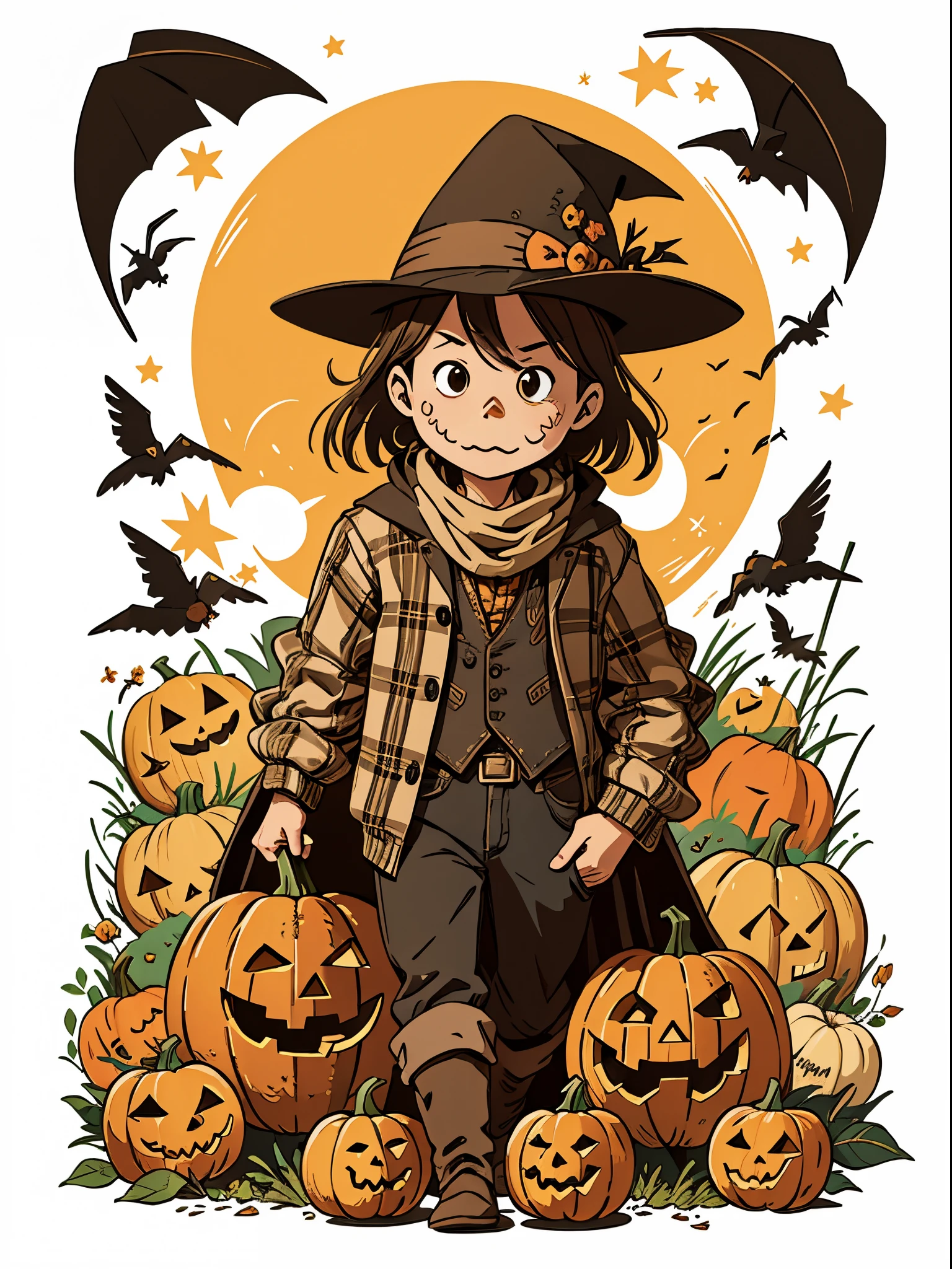 High quality design vector style image, the scarecrow， pumpkins，Vector Image.