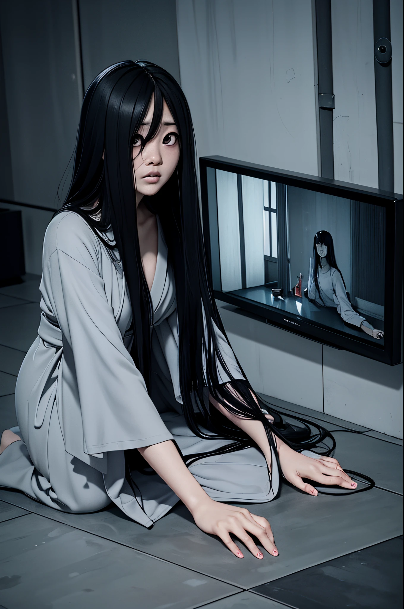 Sadako, soaking, wet robe, gray colored skin, Hair covers the face, sexy for.Sadako crawled out of the TV，A woman lying on the floor in front of the TV, japanese horror, style of hajime isayama, japanese horror movie footage, Junji Ito 4K, japanese pop surrealism