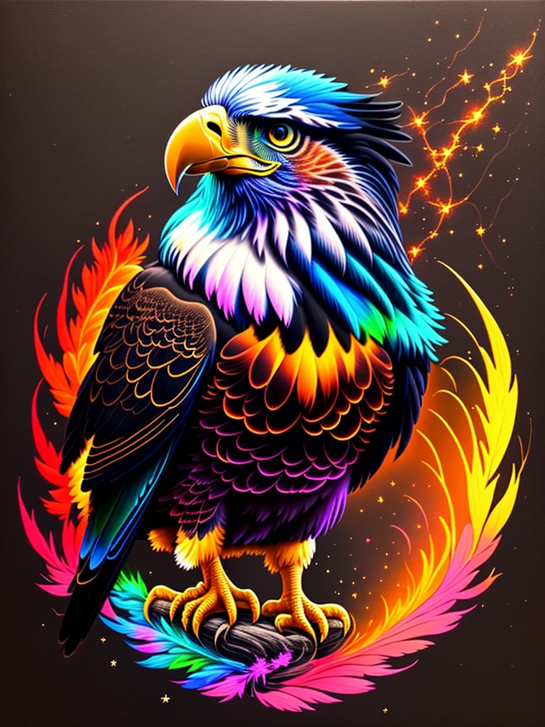 a painting of a colored eagle on a black background,, breathtaking rendering, within a radiant connection, inspired by Kinuko Y. Craft,, magical elements, kitten icon, wow, is beautiful, casting a multi colorful spell, bright flash, flash