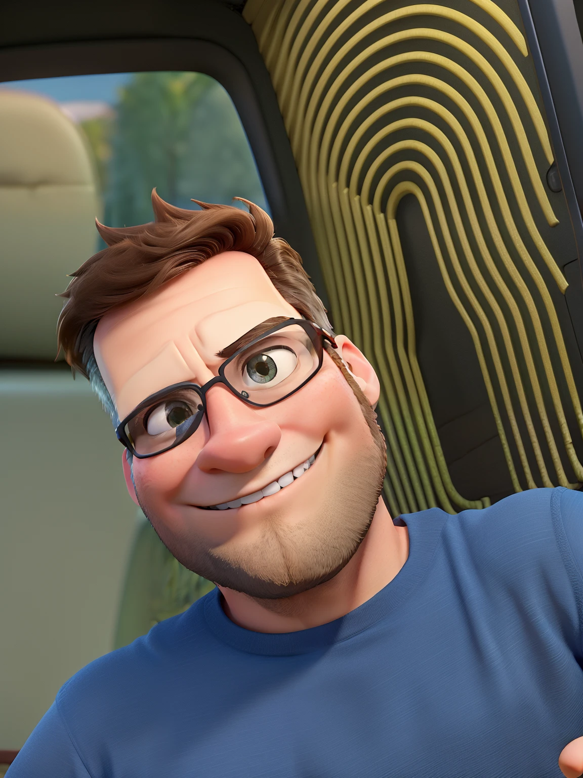 Disney-style 3D Pixar movie poster, Um homem de 24 anos, com cabelo curto, backward, cabelo raspado na lateral, wearing aviator glasses, em uma motocicleta