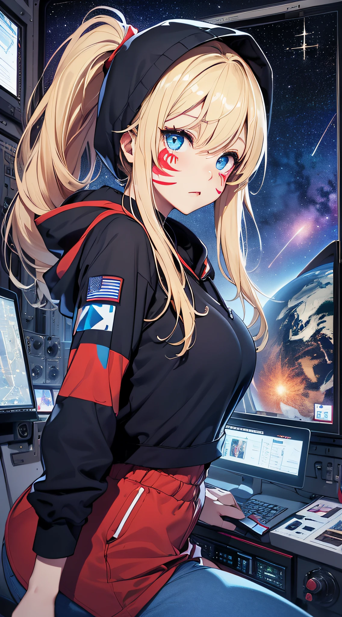 top-quality、Top image quality、masterpiece、girl with((18year old、Best Bust、big bast,Beautiful blue eyes、Breasts wide open, Blonde ponytail、A slender,Large valleys、Wearing a hood,Black hoodie、red and blue pants、 blue heart face paint、Weightlessness)),hiquality、Beautiful Art、Background with((Beautiful night sky、shooting stars、comets、stele々、Inside the space station、Giant monitor(earth footage))))、,masutepiece、visualart、depth of fields、