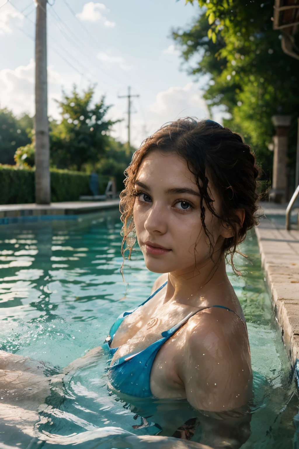 (a girl swims underwater in a pool, rotes lockiges Haar),Illustration,Summer atmosphere,beautiful detailed eyes,Beautiful, detaillierte Lippen,Extrem detailliertes Gesicht,lange Wimpern,Reflexionen von sprudelndem Wasser,erfrischendes blaues Poolwasser, best quality,hight resolution,Ultra-detailliert,realistisch,Sommerstimmung,Lebendige Farben,Warmes Sonnenlicht