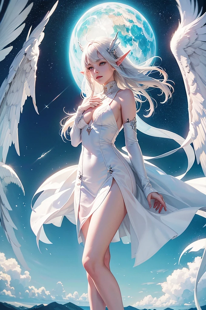 flying lightly, holy,White Elf, long ears,White wings on the back,shining brightly, The whole body is in the frame, Against the backdrop of a colorful sky, Raw photo, Hyper-realistic, long distance, Product View, ArtStation Trends,ultra-quality, Digital Art, Delicate and delicate, 4K, Soft lighting, Dreamy, Ethereal, Unreal Engine Rendering, 8K UHD, nffsw, High quality, ultra-detailliert, film grains.