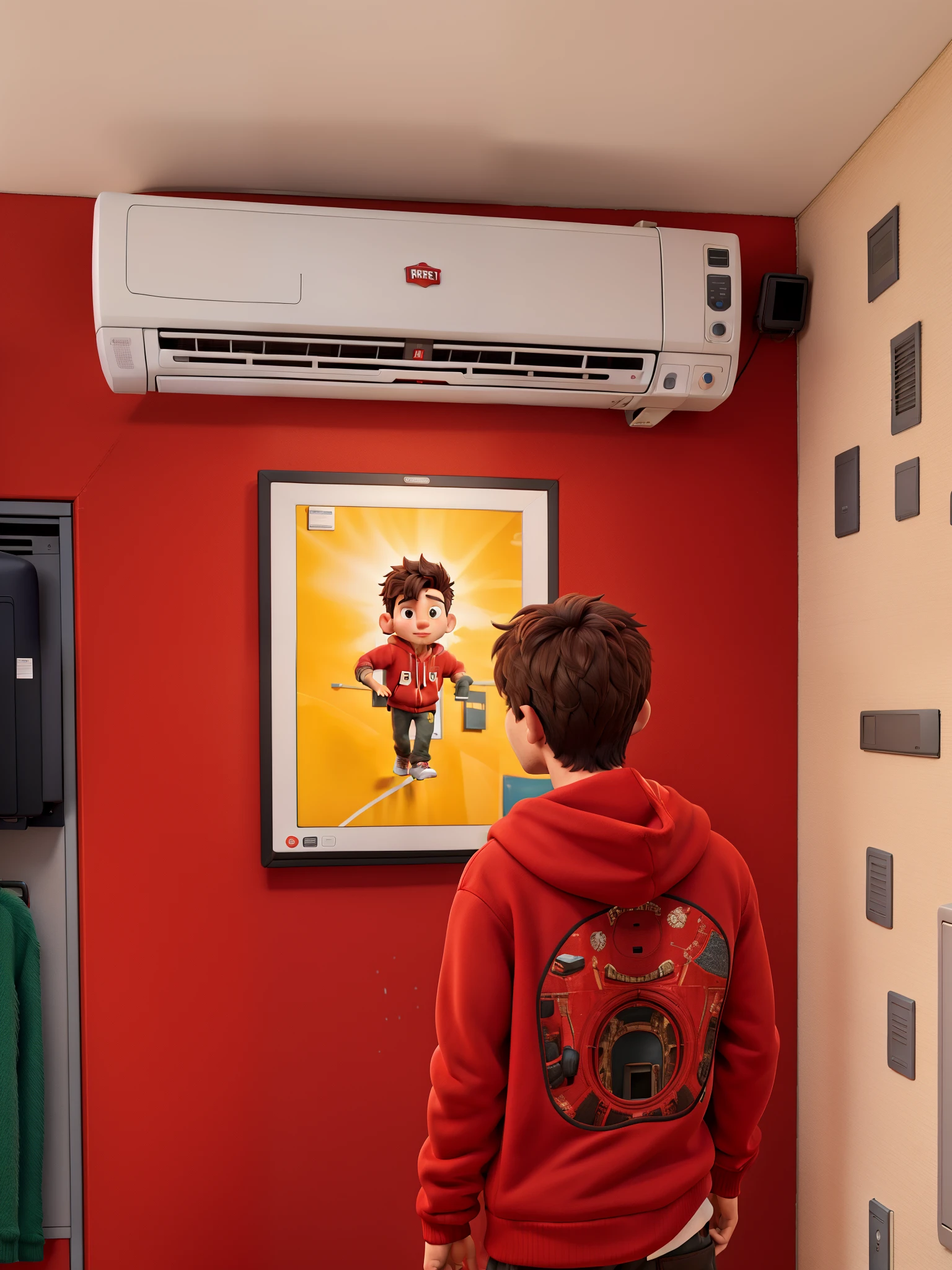 A male wearing a red hoodie all by himself facing a magnificent work of art hung up against the wall with an air conditioner on top