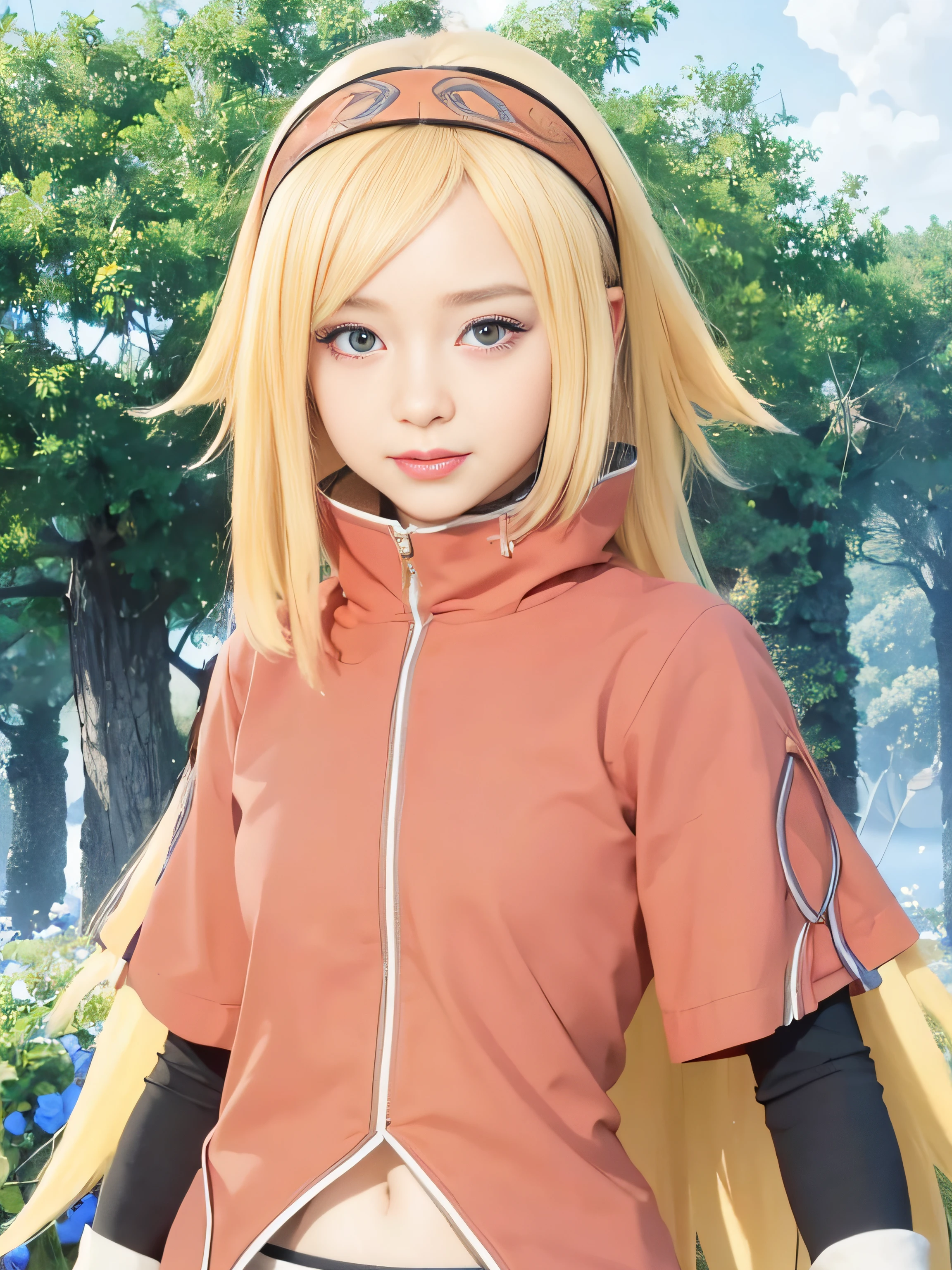 masterpiece, best quality, (realistic, photo-realistic:1.4), (RAW photo:1.2), extremely detailed CG unity 8k wallpaper, delicate and beautiful, amazing, finely detail, official art, absurdres, incredibly absurdres, huge filesize, ultra-detailed, extremely detailed, extremely detailed girl, extremely detailed eyes and face, light on face,,little smile,blonde hair,(black eyes:1.3),long hair,orange hairband,blue eyes