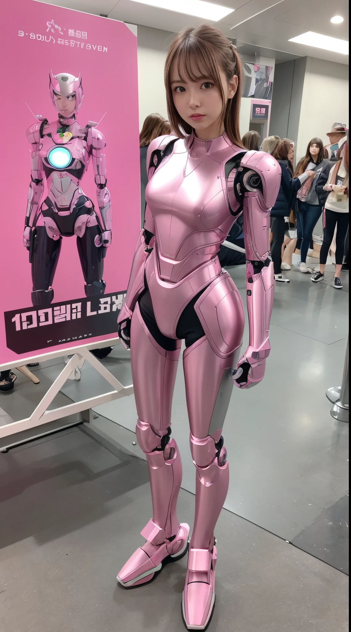 Robot Girl, pink there, Silver, Metallic body, Robot Parts, Metal Parts, Super Detailed Face, Super well-formed face, of the highest quality, a small face, a small head, Brown hair, Slender body, Camera gaze, Internal Mechanical Exposure, Idol, front facing, Well-proportioned body, sale, exhibition, Event Hall, Moe Pose, pink metallic JK suit Machine Armor, Standing with legs open, Model body type, sad, Embarrassing,(Perfect Robot Girl),(Perfect machine body)