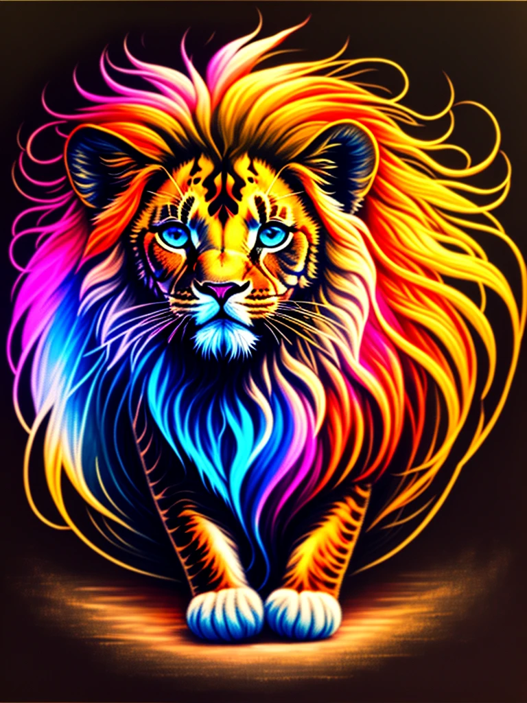 a painting of a colored lion's head on a black background,, breathtaking rendering, within a radiant connection, inspired by Kinuko Y. Craft,, magical elements, kitten icon, wow, is beautiful, casting a multi colorful spell, bright flash, flash