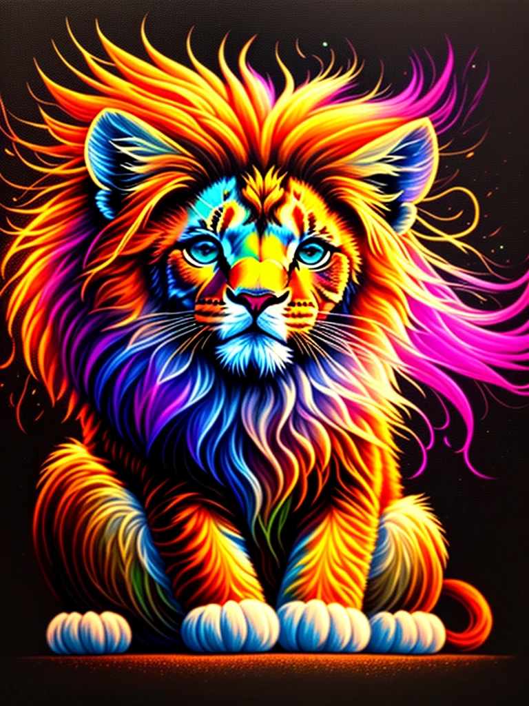 a painting of a colored lion's head on a black background,, breathtaking rendering, within a radiant connection, inspired by Kinuko Y. Craft,, magical elements, kitten icon, wow, is beautiful, casting a multi colorful spell, bright flash, flash