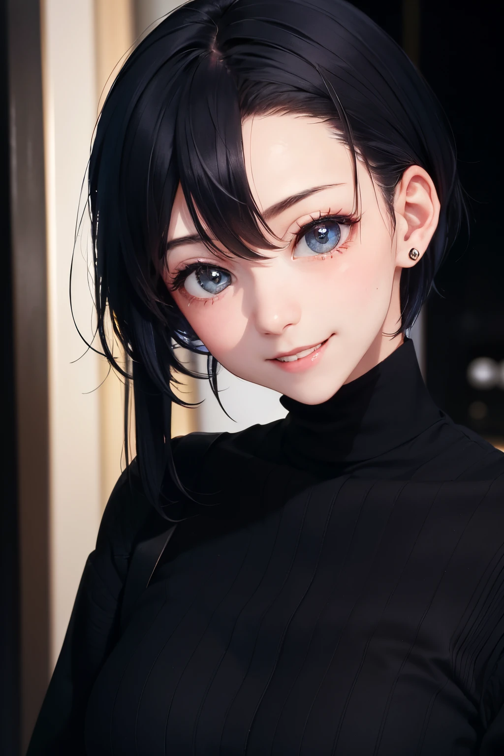 a 20 yo woman、Black blue Hair、Twin-tailed、Big smile、(hi-top fade:1.3)、dark themed、Muted Tones、Subdued Color、highly contrast、(natural skin textures、Hyper-Realism、Soft light、sharp)