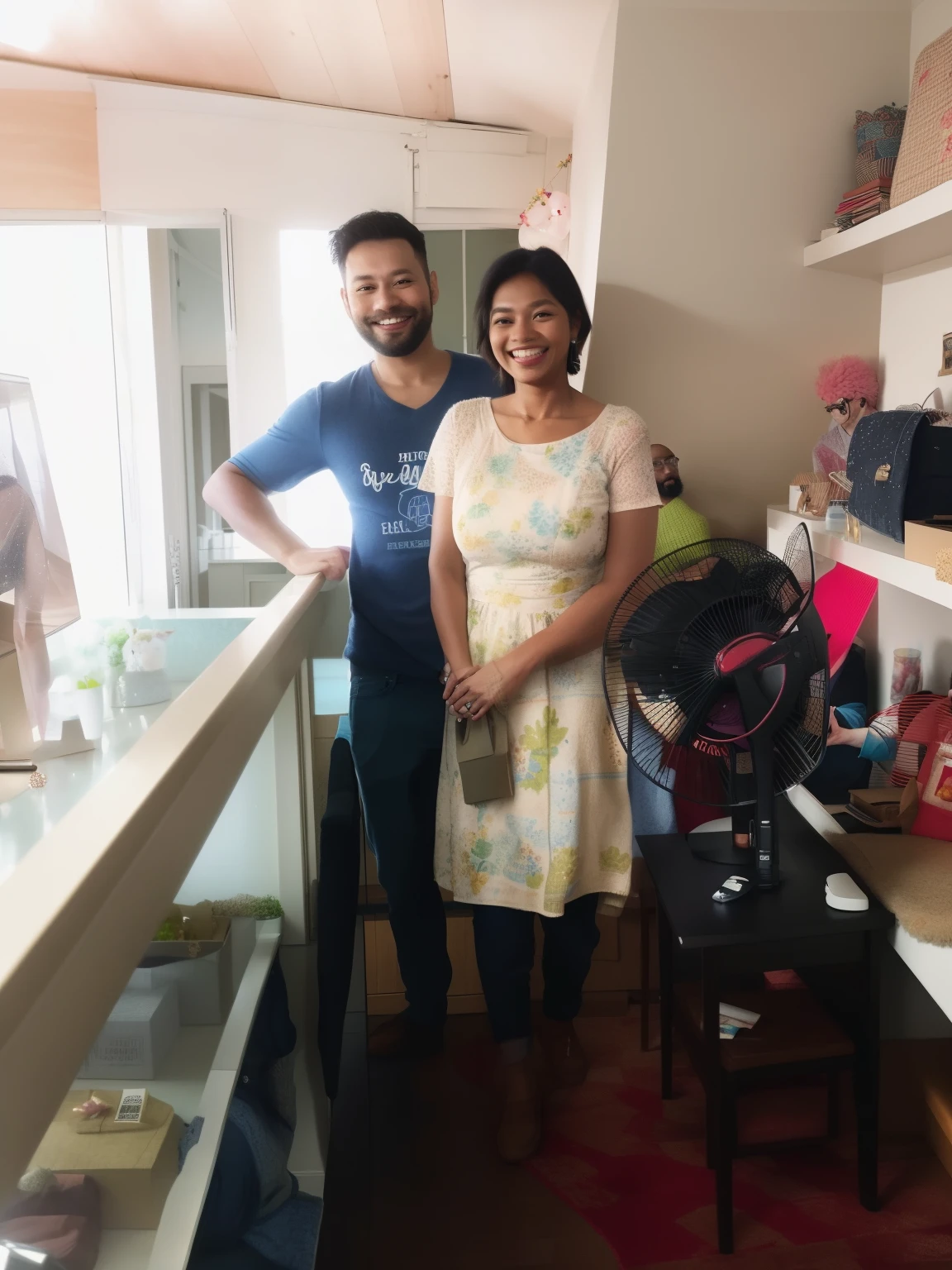 there are two people standing in a room with a fan, facebook post, by Ivan Ranger, reddit post, by Joy Garnett, customer, by Dan Content, by Kanbun Master, profile pic, profile picture, completely new, by Joseph Henderson, lovely couple, vijay jayant props, by Daniel Lieske, photo for a store, customers, by Romain brook