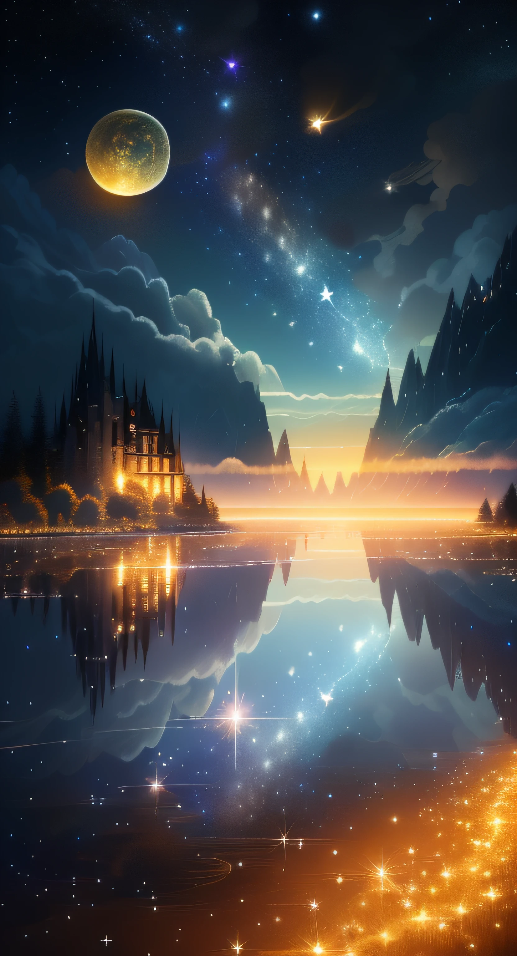 Twinkling stars, stars sparkle in the night, Twinkling stars, stars shining bright, Stars scattered everywhere, glowing stars, Fireflies and sparkling wisps, glass-reflection-stars, Twinkling stars, beauttiful stars, meteors, beauttiful stars, As estrelas, magic realism, stars sparkle in the night, stars reflecting on the water, Twinkling stars, Twinkling stars, stars shining bright, glowing stars, Stars scattered everywhere, Fireflies and sparkling wisps, very magical and dreamy, (tmasterpiece:1.2, Best quality), (ultra - detailed), (illuminations), (超高分辨率), (exquisite illustration), (hyper-detailing), (super detailing:1.3), profesional lighting, 电影灯光, (Nostalgia and tranquility:1.3), Natural Major(The landscape), Moon illumination, Moonlight falls on the leaves,There are no buildings,remove building,meteors,Meteors streak across,meteor trail