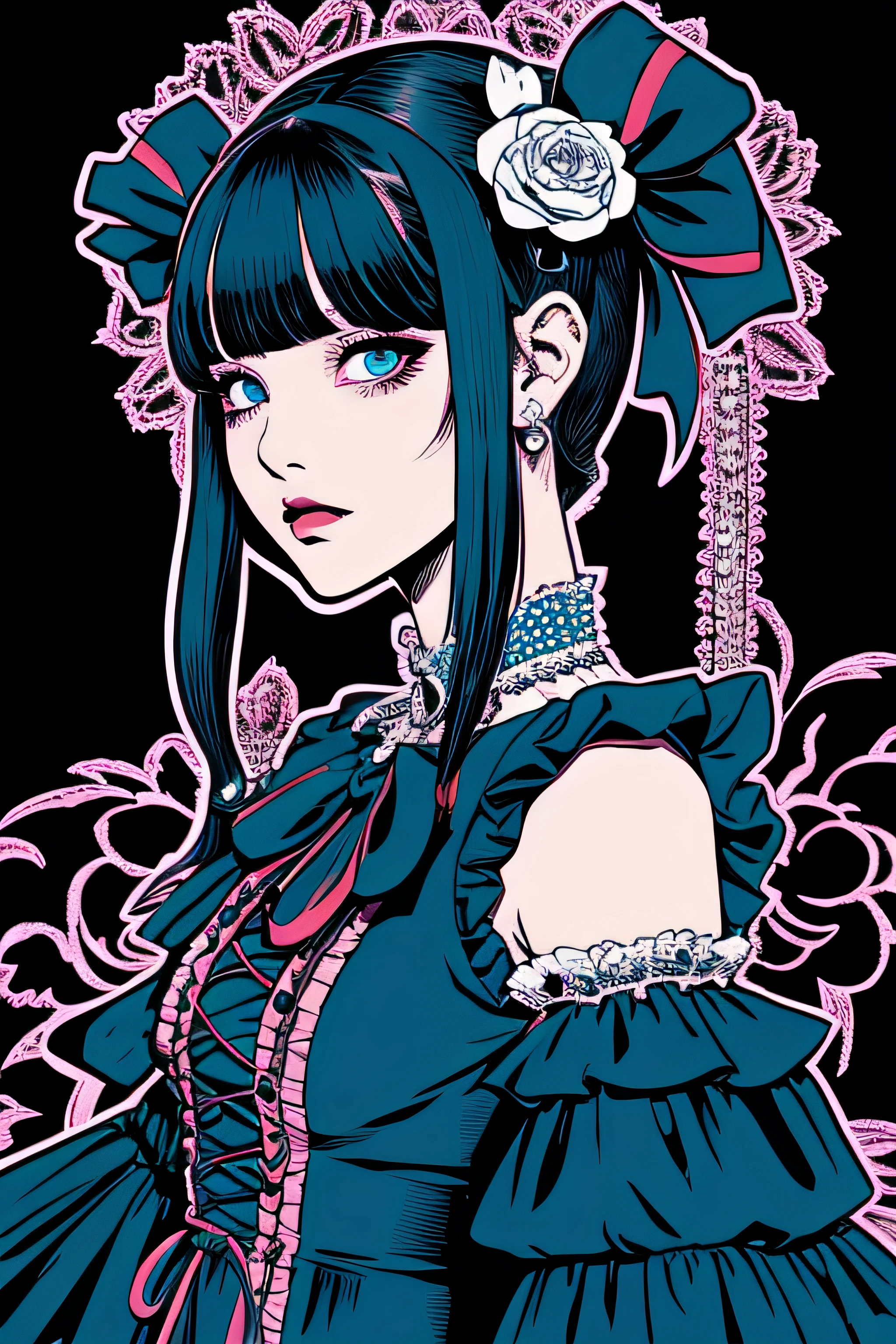 Beautiful Hardcore Illustration homepage illustration style, dark, high resolution, hard touch illustration, strong outline, two girls, gothic & lolita style, gothic & lolita fashion, 8k, American comic style, colorful background, Hiroyuki Nagasaka, aggressive, beautiful face, cool beauty, dress, beauty style, blue color, battle, Hard illustration, blue&pink hear,