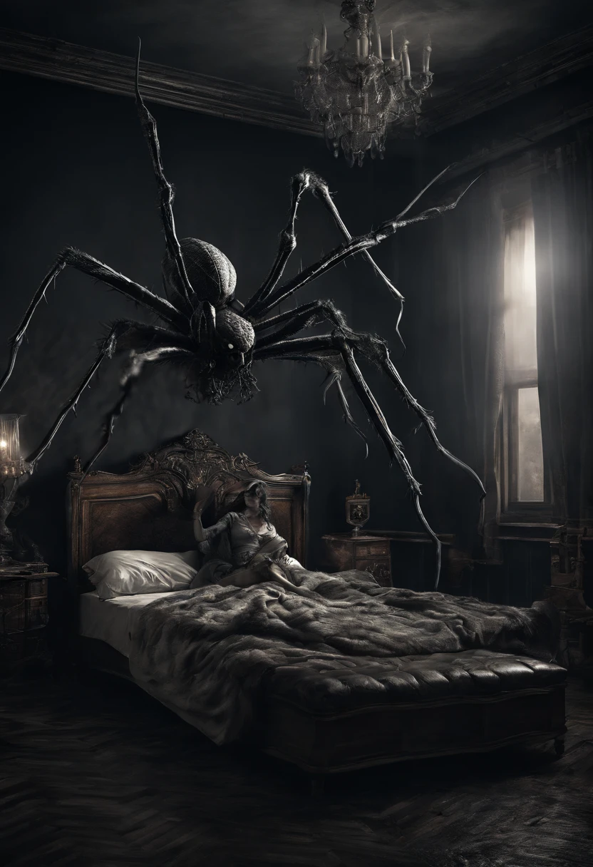 surrealism, baroque style, 3d render, realistic, a oversized huge giant spider is laying in the bed in a bedroom, candle lit room, a girl sitting on the bed