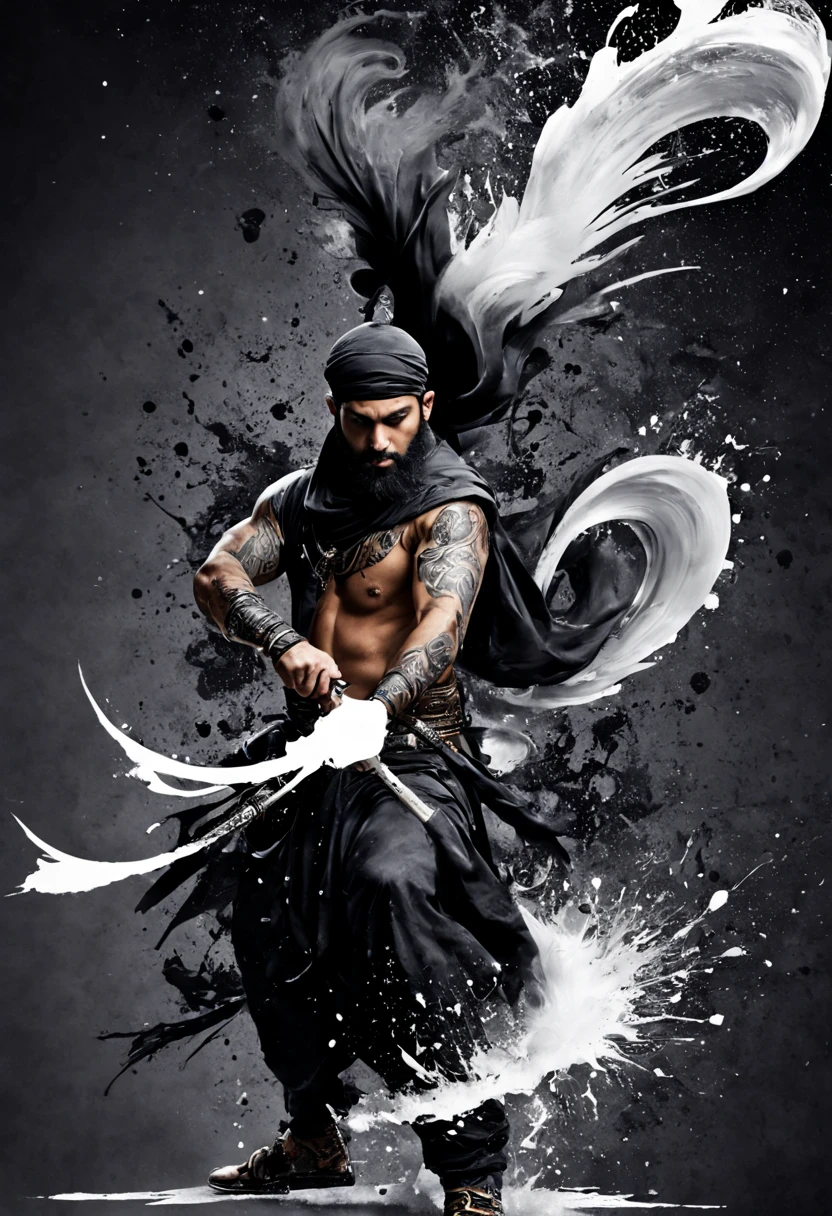 Muslim warrior, The art of tattooing, ink splash, swirl of ink, Arabic letter, art at its best, black, White & Grey, 血