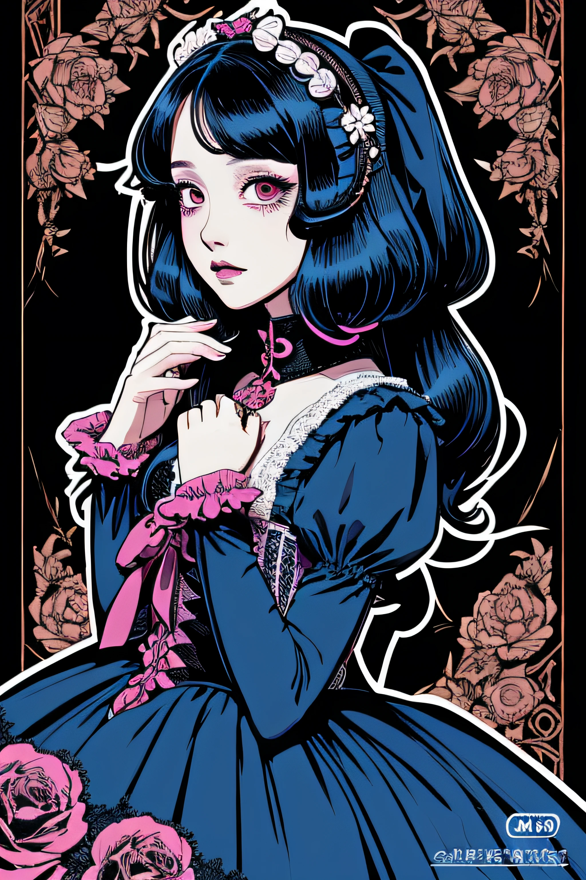 Beautiful Hardcore Illustration homepage illustration style, dark, high resolution, hard touch illustration, strong outline, two girls, gothic & ta style, gothic & loliashion, 8k, American comic style, colorful background, Hiroyuki Nagasaka, aggressive, beautiful face, cool beauty, dress, beauty style, blue color, battle, Hard illustration, blue&pink hear,