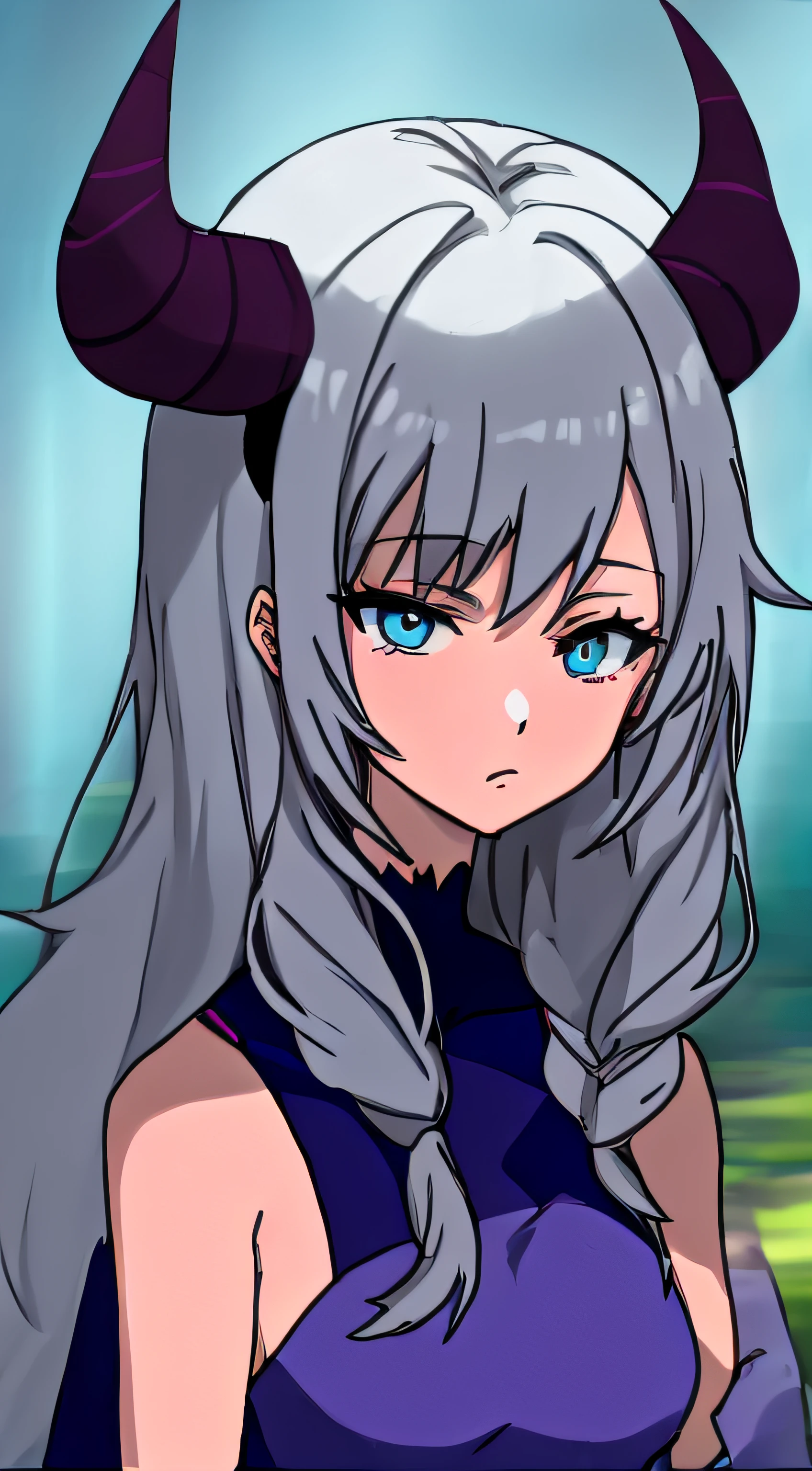 anime girl avec des cornes et un haut bleu dans les bois, fille démoniaque, succube en portrait en robe d'été, Demon anime girl, Démon Mara, Démon Mika Kurai, cel - style artistique ombré, Portrait de Demon Girl, dans un style anime, anime monster girl, succube en robe courte moulante, cornes et yeux rouges, Girl Design Lush Horns