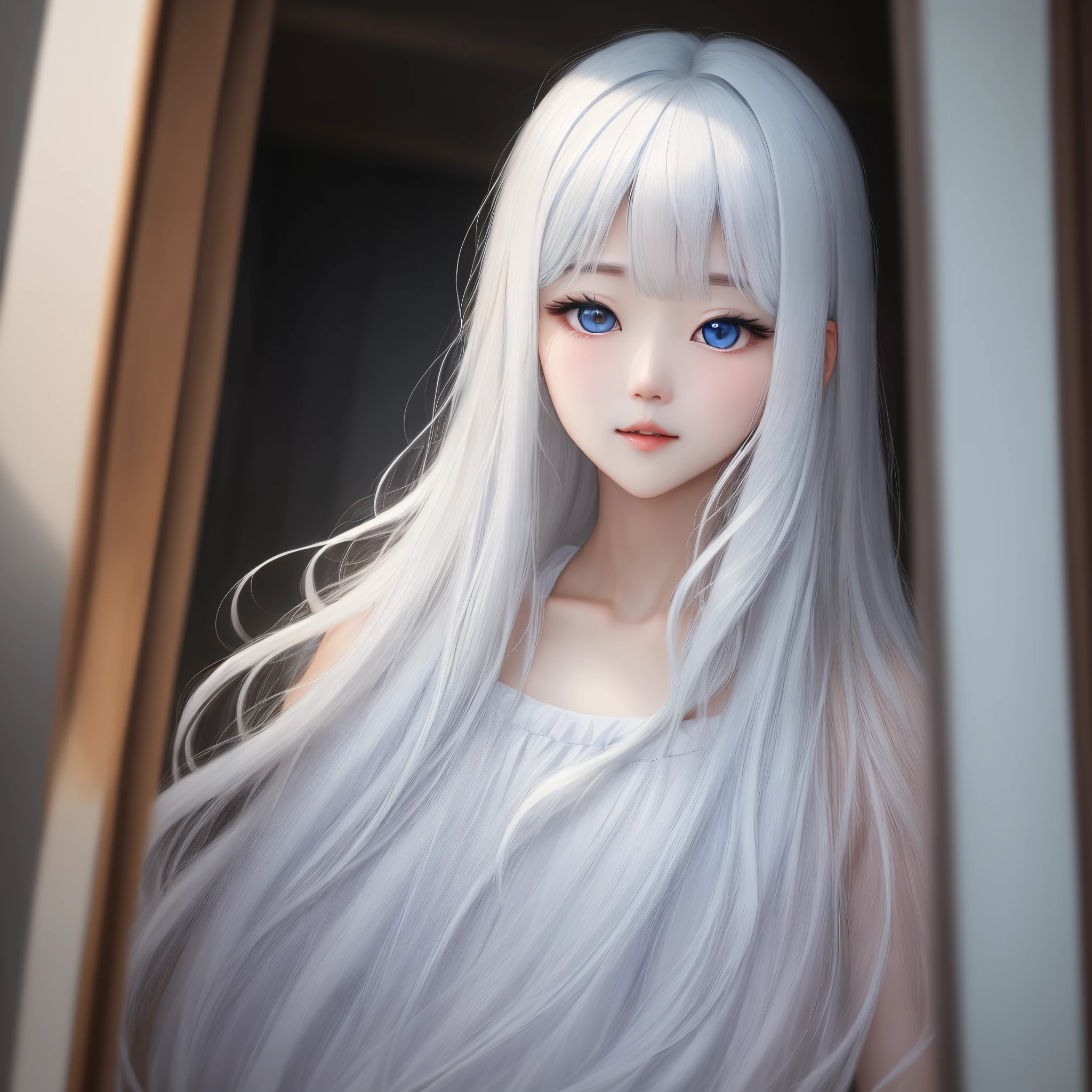 White hair、Light blue eyes、The long-haired、With bangs、