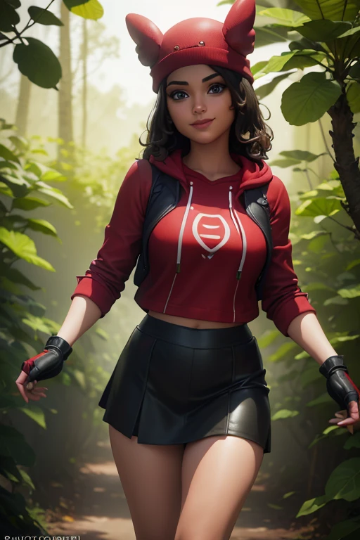 (8k, best quality, masterpiece:1.2), (realistic, photo-realistic:1.37), ultra-detailed, 1 girl,cute, solo, ,beautiful detailed blue eyes, medium wavy hair, standing in a jungle, , smiling, looking at viewer, ,light brown hair, black lips, black lipstick, full body view, , whole body shot, red hat, , , nsfw, choker, red zipper hoodie, black skirt,dark long leggings, black fingerless gloves, red sneakers, chubby