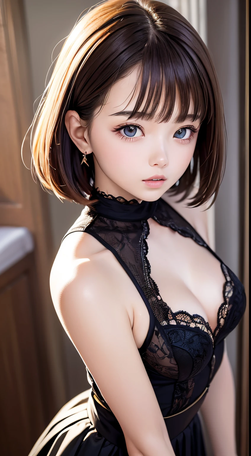 (masterpiece, best quality:1.4), 8k, 85mm, official art, absurdres, (downblouse:1.2), (from above:1.1), violaceaess, cute face, beautiful eyes, camisole, upper body, looking at viewer, short hair, bangs, small head, (smile:0.6), sharp focus, facelight, dynamic lighting, cinematic lighting, dramatic shadow, perspective, depth of field, highres, ultra detailed, finely detail, extremely detailed, detailed eyes and face, sharp pupils, realistic pupils, simple background, small waist, flare skirt