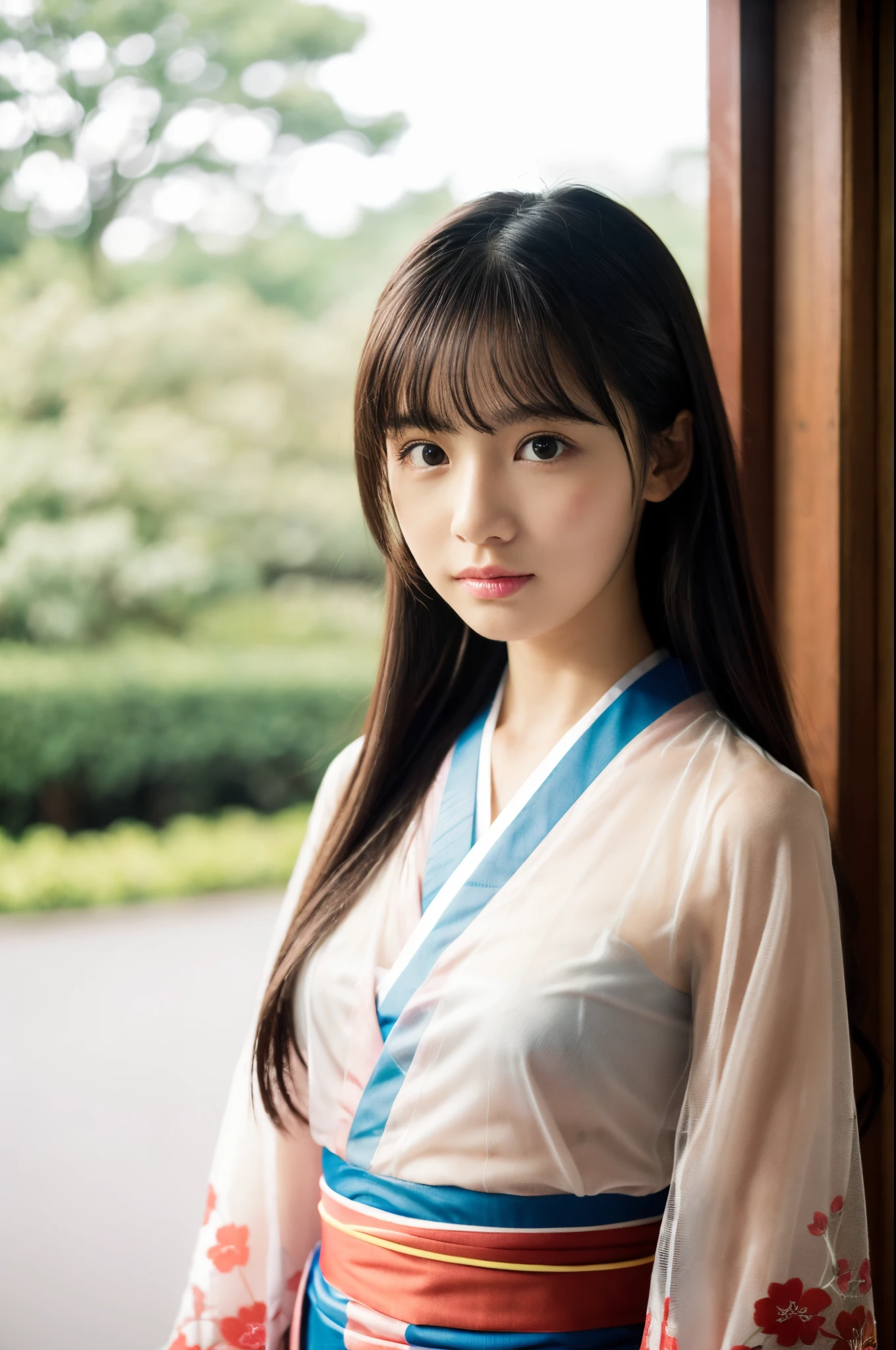 ulzzang -6500-v1.1, (Raw photo:1.2), (Photorealsitic), (See-through:1.3), (Real:1.4), 1 rapariga、wearing Japanese kimono、japanaese girl、sixteen years old、