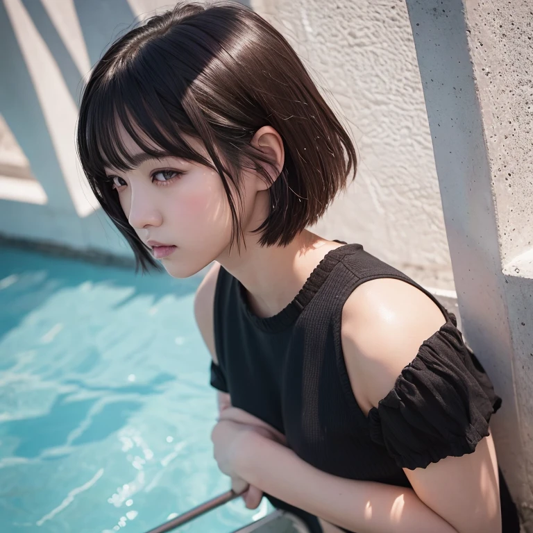 1girl in, 20yr old, gradient, up looking_で_viewer, Black_hair, Solo by JM, Yoshiko Akishino, Shorthair