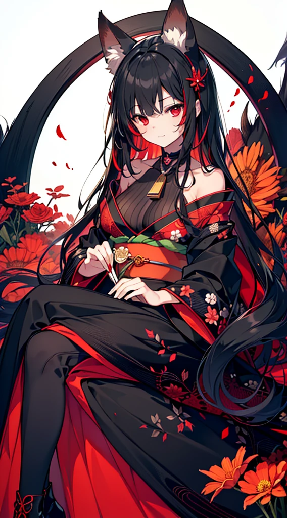 (extremely detailed CG unity 8k wallpaper), (((ultra-detailed))), ((extremely detailed)), (((intricate details))), (((best illustration))), best illumination, ((extremely delicate and beautiful)), ((an extremely delicate and beautiful girl)), colorful, manjusaka, red flower field, (((colorful flowers))), ((solo:1.9)), ((1 fox girl)), (Black and red Kitsune with long black hair with fox ears and fox tail), (2 colors black and red fox ears:1.6), (2 colors black and red single fox tail:1.6), ((finely detailed beautiful eyes and detailed face)), sad expression, melancholic smile, long hair, (((black hair))), (red eyes:1.9), beautiful detailed eyes, mature female, gentle, slender, medium breast, (Black and red sexy elegant kimono dress:1.3), (medium height black boots:1), ((black choker with red pendent:1)), manjusaka birthmark on neck, sitting, bishoujo, 19 years old,