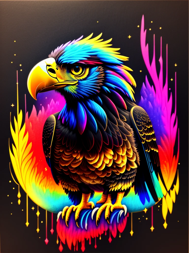 a painting of a colored eagle on a black background,, breathtaking rendering, within a radiant connection, inspired by Kinuko Y. Craft,, magical elements, kitten icon, wow, is beautiful, casting a multi colorful spell, bright flash, flash