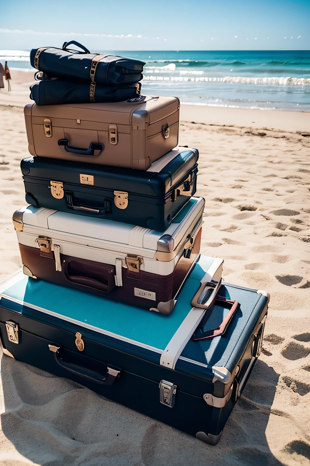 A pile of suitcases at the beach