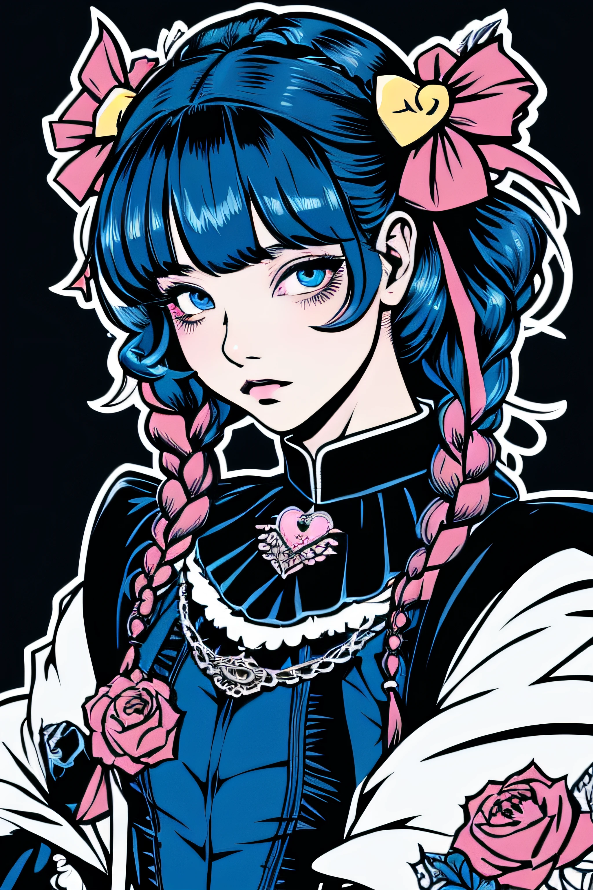 Beautiful Hardcore Illustration homepage illustration style, dark, high resolution, hard touch illustration, strong outline, two girls, gothic & lolita style, gothic & lolita fashion, 8k, American comic style, colorful background, Hiroyuki Nagasaka, aggressive, beautiful face, cool beauty, dress, beauty style, blue color, battle, Hard illustration, blue pink hear,