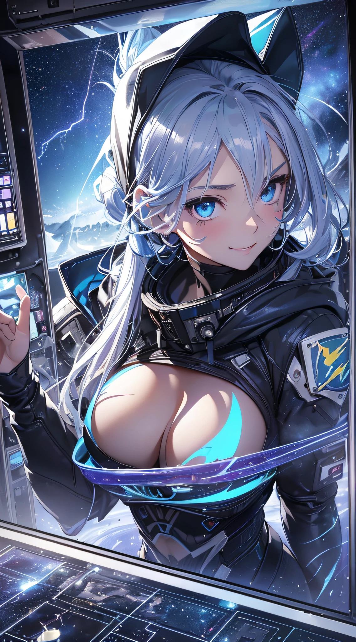 top-quality、Top image quality、​masterpiece、girl with((18year old、Best Bust、big bast,Beautiful blue eyes、Breasts wide open, Silver-haired ponytail、A slender,Large valleys、Wearing a hood,Black spacesuit Blue lightning face paint、Grinning face、piece sign)),hiquality、Beautiful Art、Background with((Beautiful night sky、shooting stars、comets、stele々、Inside the space station、Giant monitor(earth footage))))、,masutepiece、visualart、depth of fields、