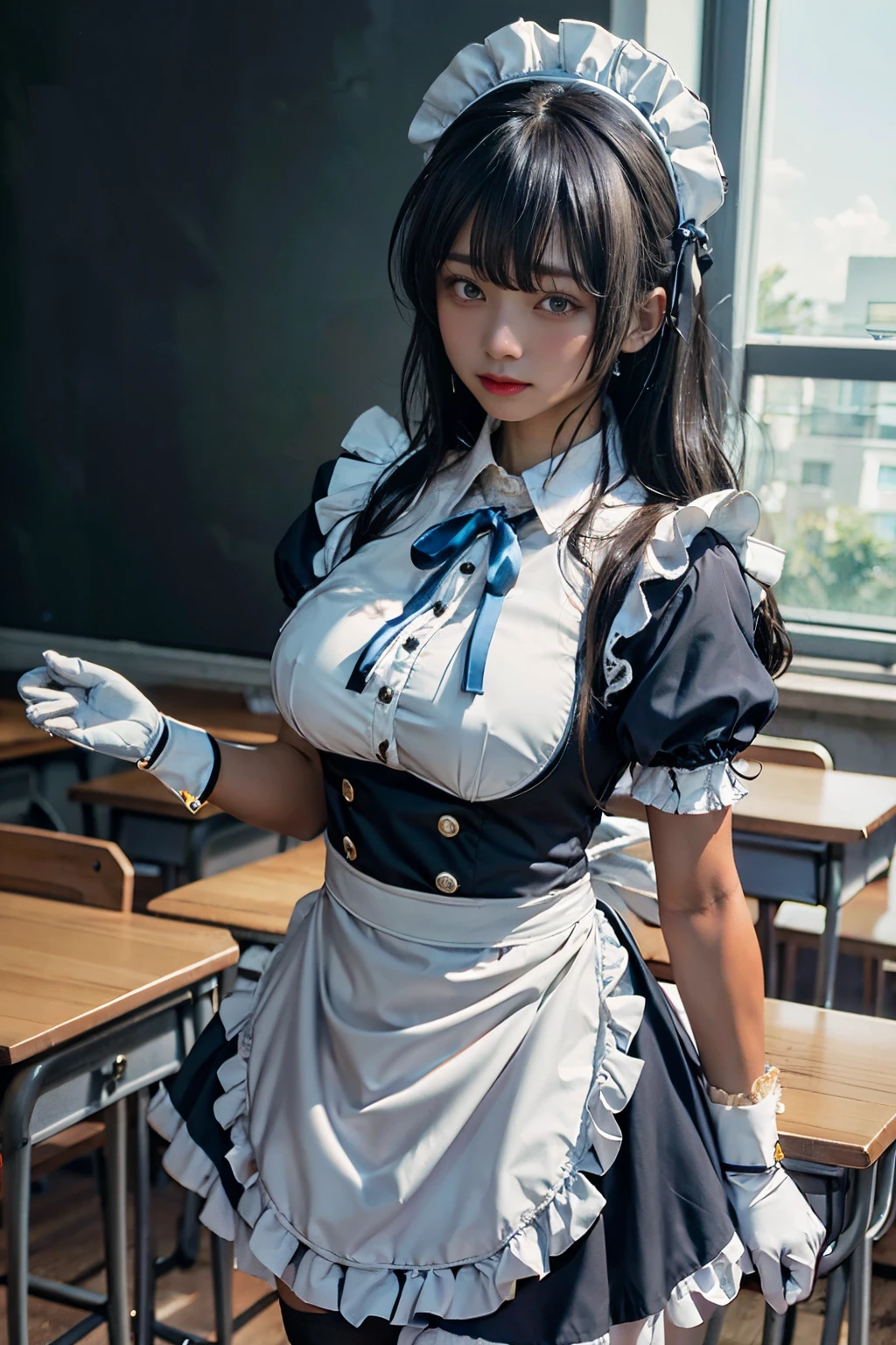 1 girl, solo, karin (blue archive), dark skin, dark skinned female, long hair, black hair, bangs, maid headdress, yellow eyes, closed mouth, neck ribbon, blue ribbon, neckwear, breasts, large breasts, maid uniform, black dress, short sleeves, puffy short sleeves, puffy sleeves, wrist cuffs, apron, waist apron, white apron, frilled apron, maid apron, frills, pantyhose, white legwear, gloves, white gloves, standing, cowboy shot, classroom, ray tracing, depth of field, sharp focus, cinematic lighting, action shot, vibrant colors, Best Quality, Highest Quality Resolution, Masterpiece, (raw photo:1.2), ((photorealistic:1.4)), masterpiece, best quality, highest quality, highly detailed face, depth of field, cinematic lighting, sharp focus, action shot, vibrant colors