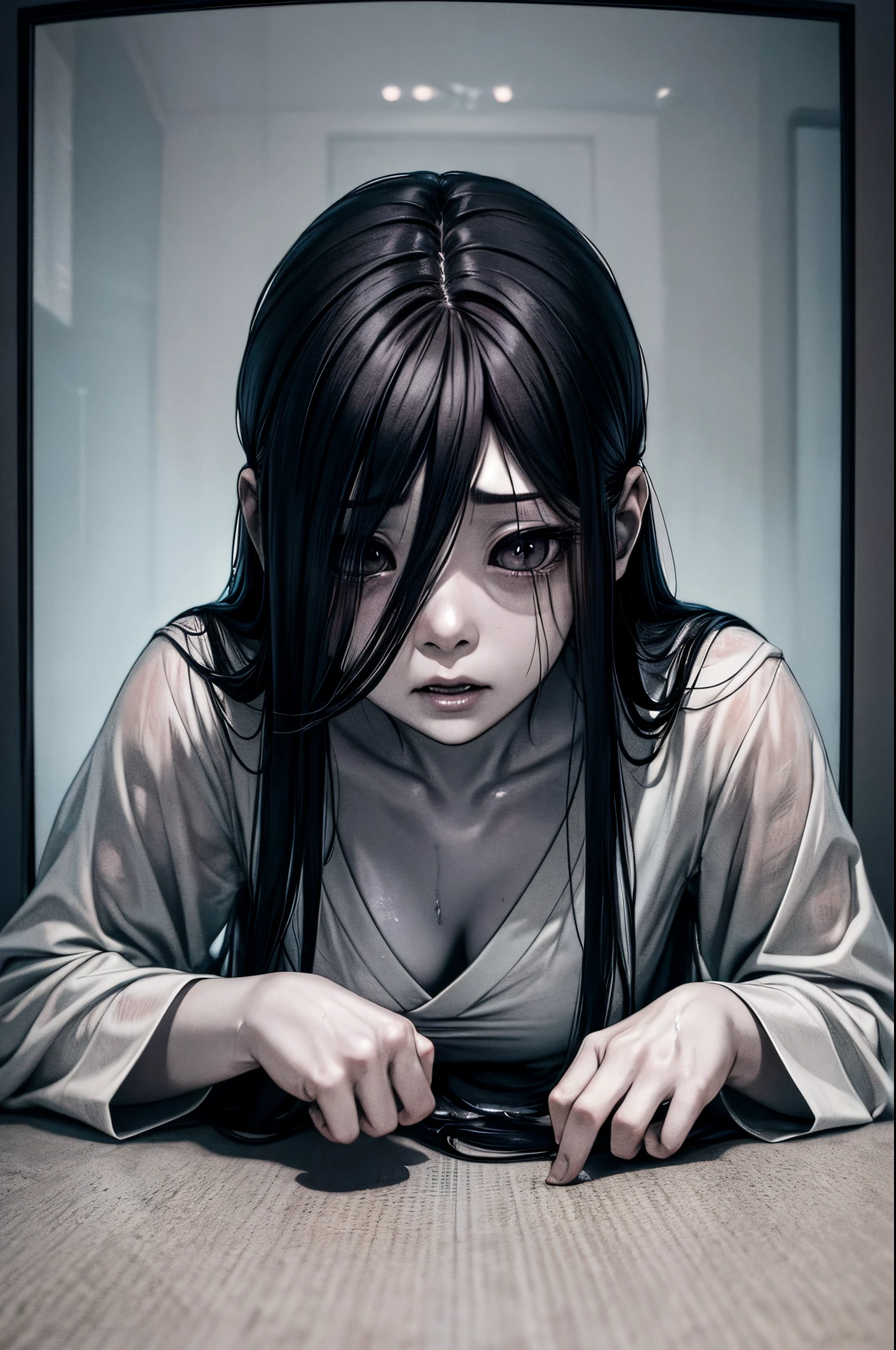 Sadako, soaking, wet robe, gray colored skin, Hair covers the face, sexy for.Sadako crawled out of the TV，A woman lying on the floor in front of the TV, japanese horror, style of hajime isayama, japanese horror movie footage, Junji Ito 4K, japanese pop surrealism