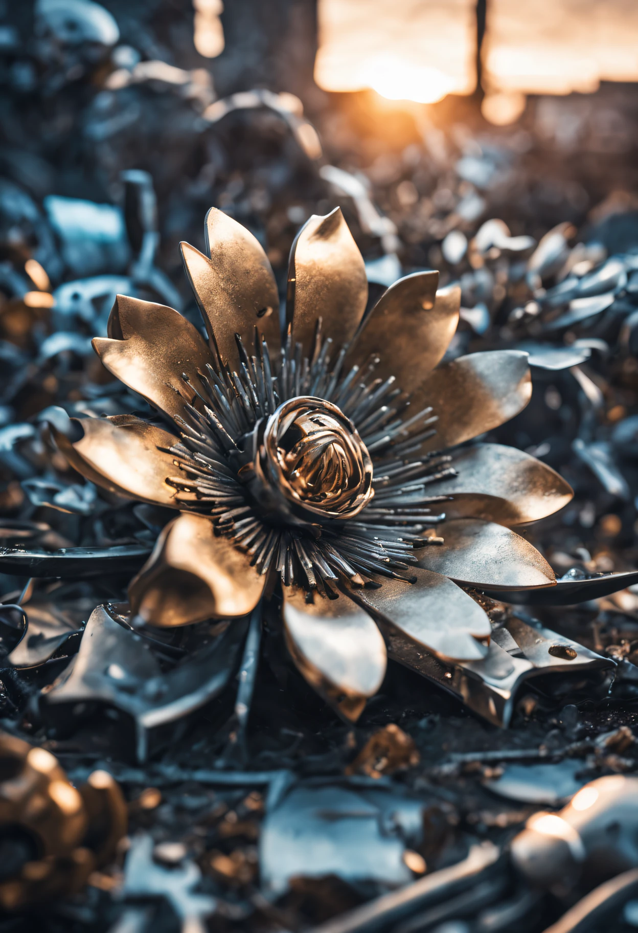 masterpiece, highly detailed, photography, RAW photo, focus shot, instagram able, (metallic flower:1.4) blooming in area full of metallic junk, dystopian theme, steel graveyard background, volumetric lighting, cold color, epic composition, epic proportion, HDR, bokeh